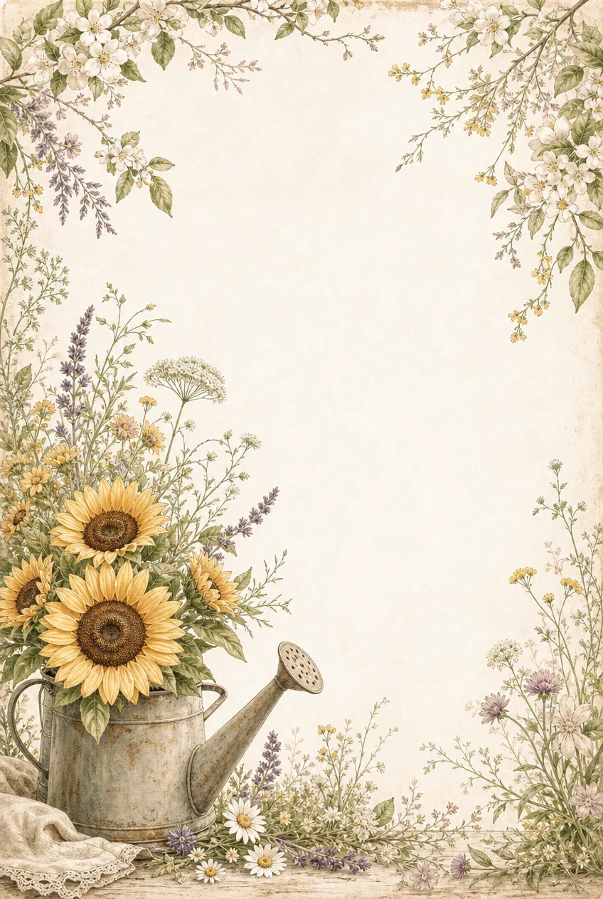 Vintage garden frame with sunflower-filled watering can, daisies, lavender, wildflowers, and leafy branches