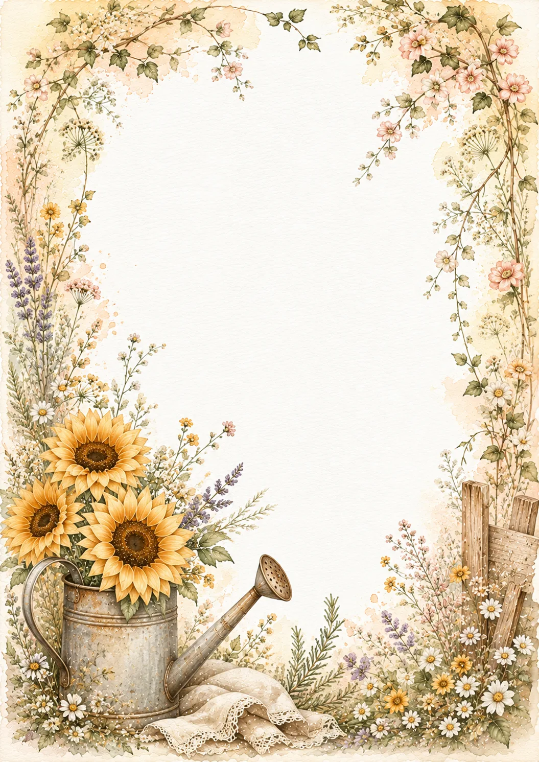 Garden writing border with sunflower watering can, daisies, lavender, wildflowers, and fence