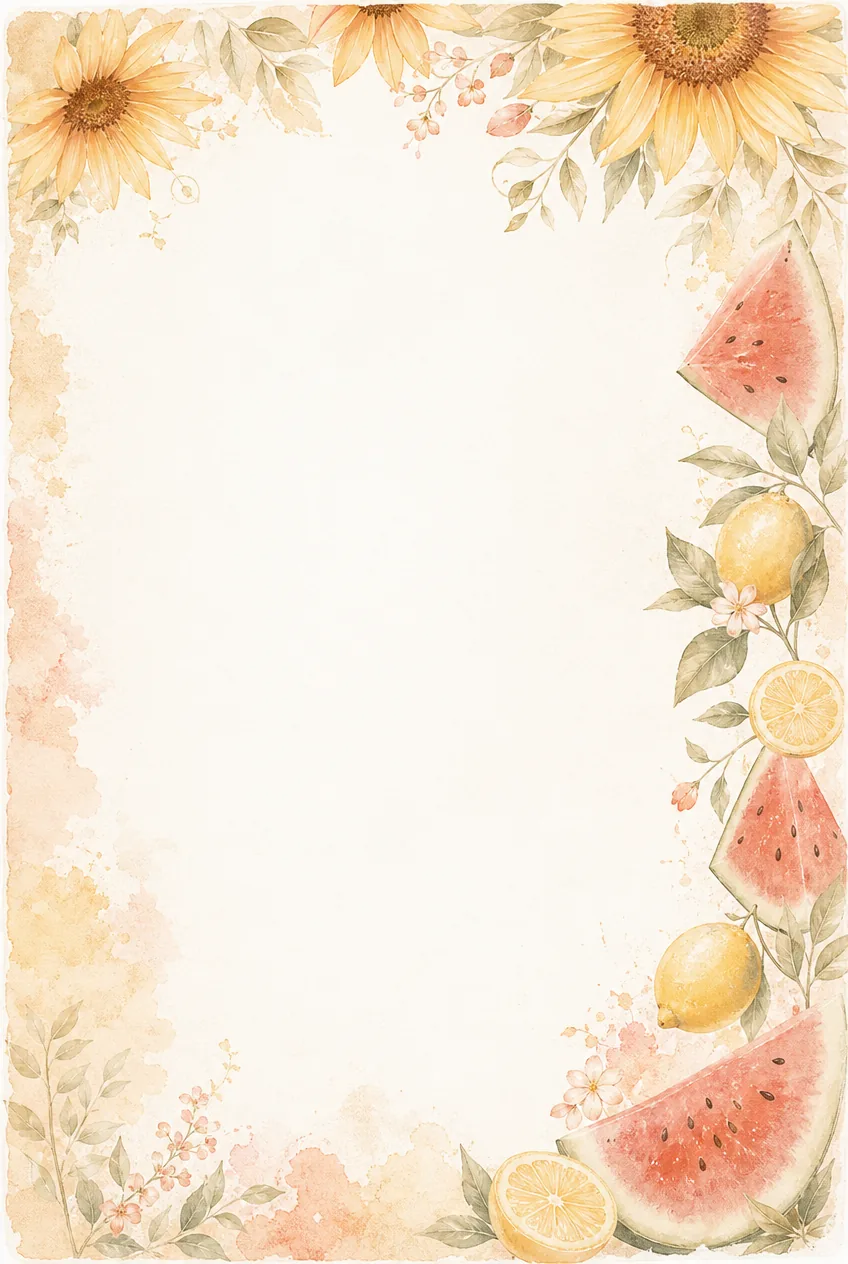 Watercolor summer border with sunflowers, watermelon slices, lemons, green leaves, and soft peach florals