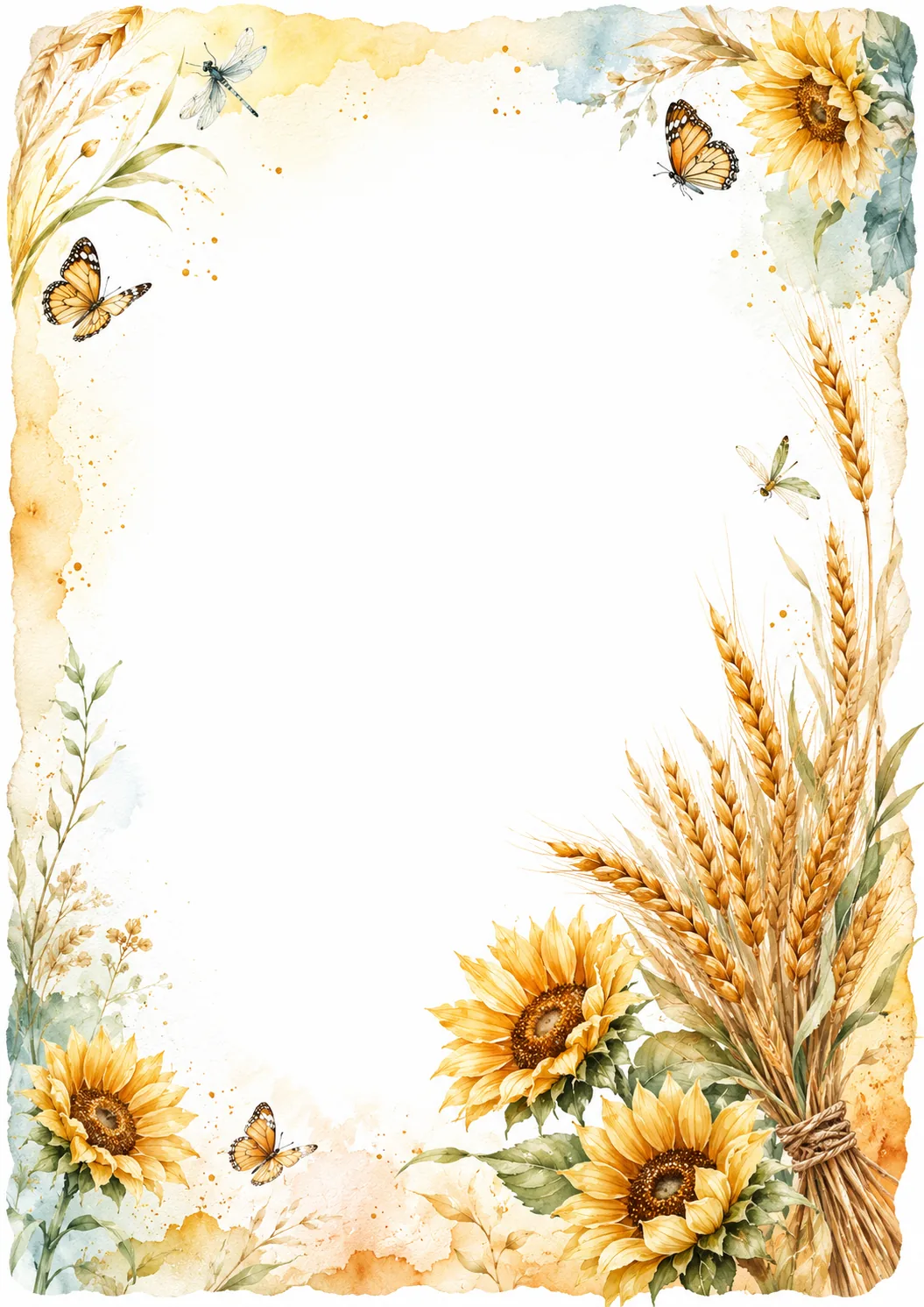 Watercolor sunflower and wheat border with butterflies and a large blank writing center