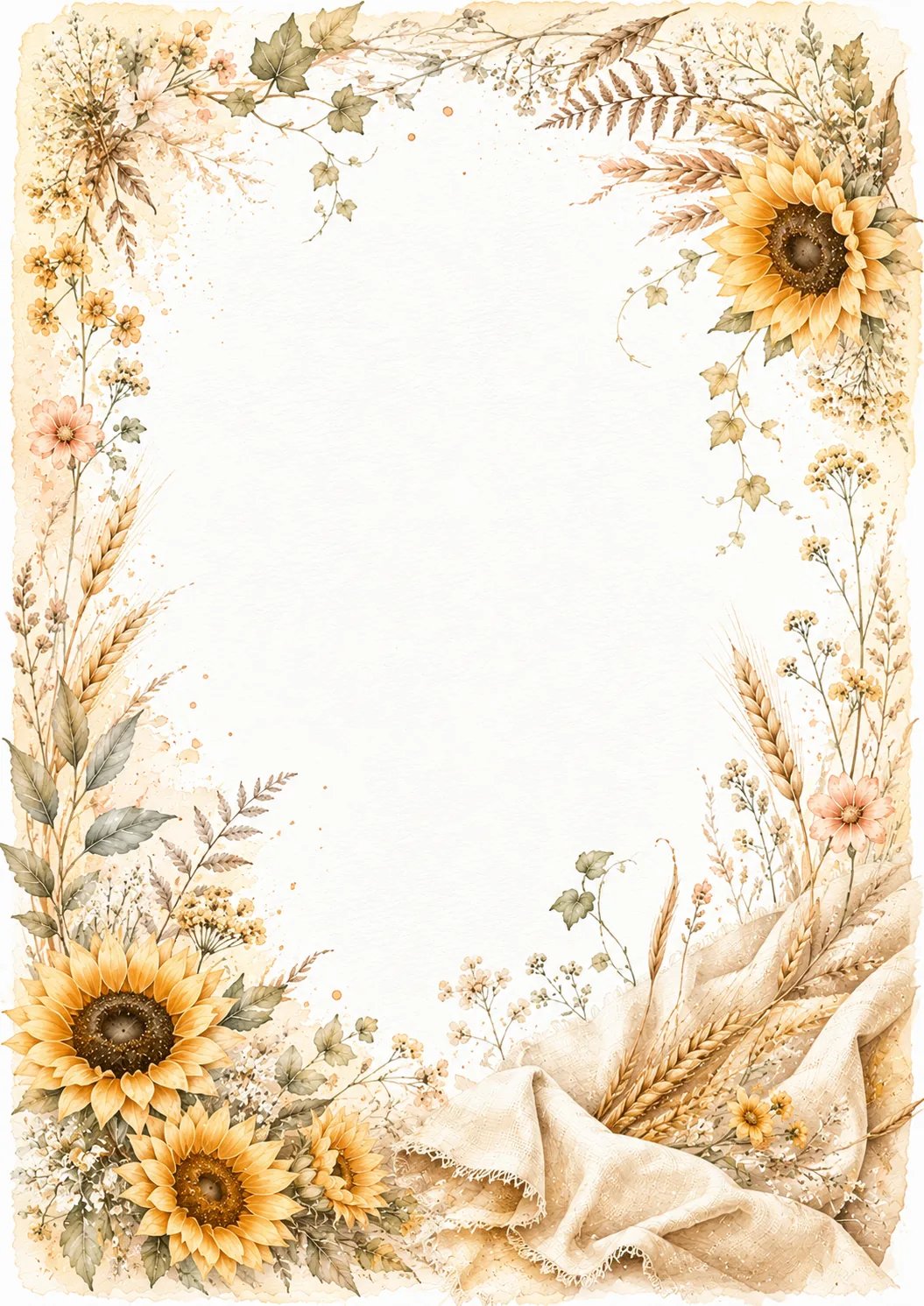 Rustic sunflower and wheat border with dried grasses, ivy, flowers, and draped linen