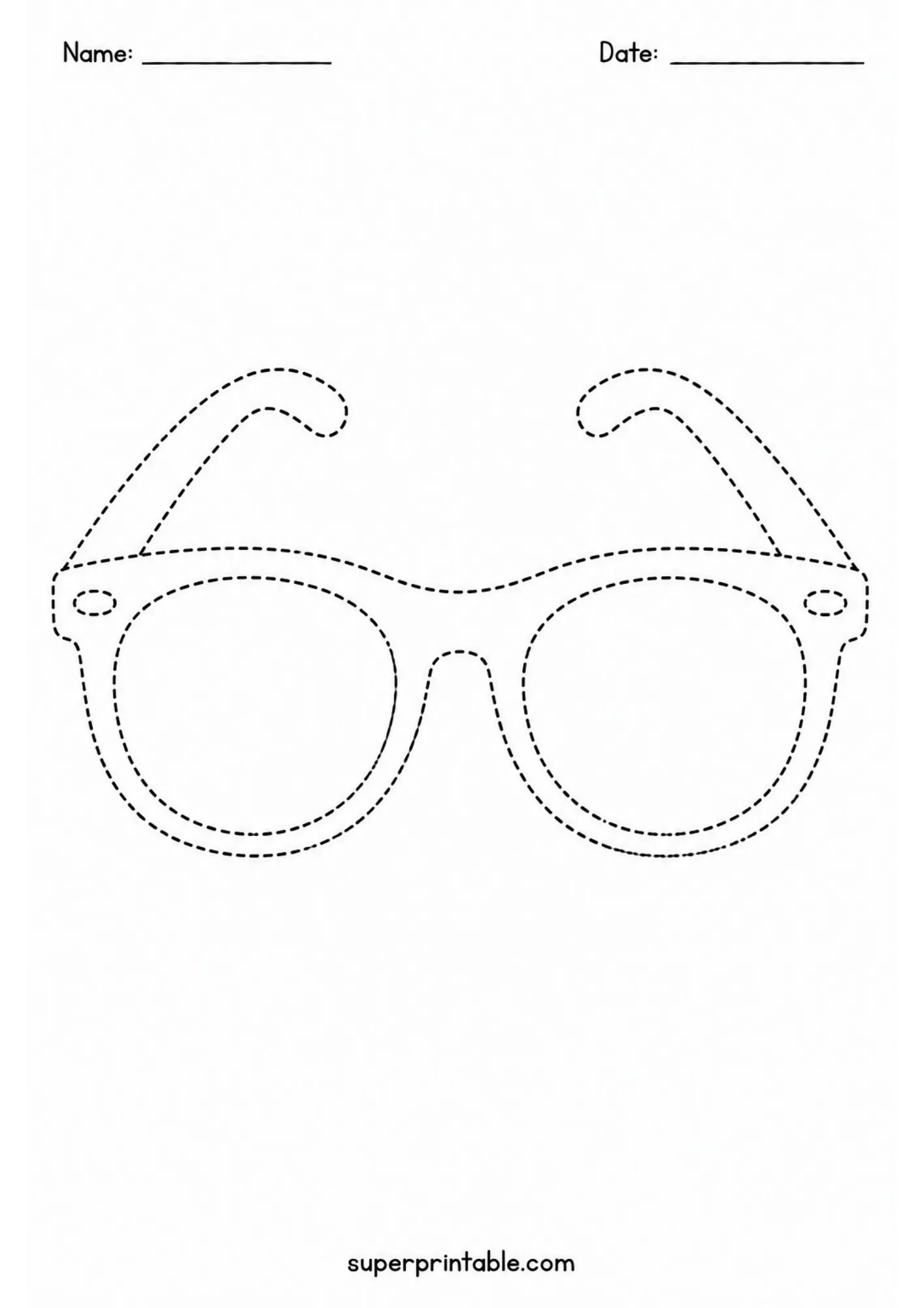 Classic pair of summer sunglasses line tracing printable page for young children.
