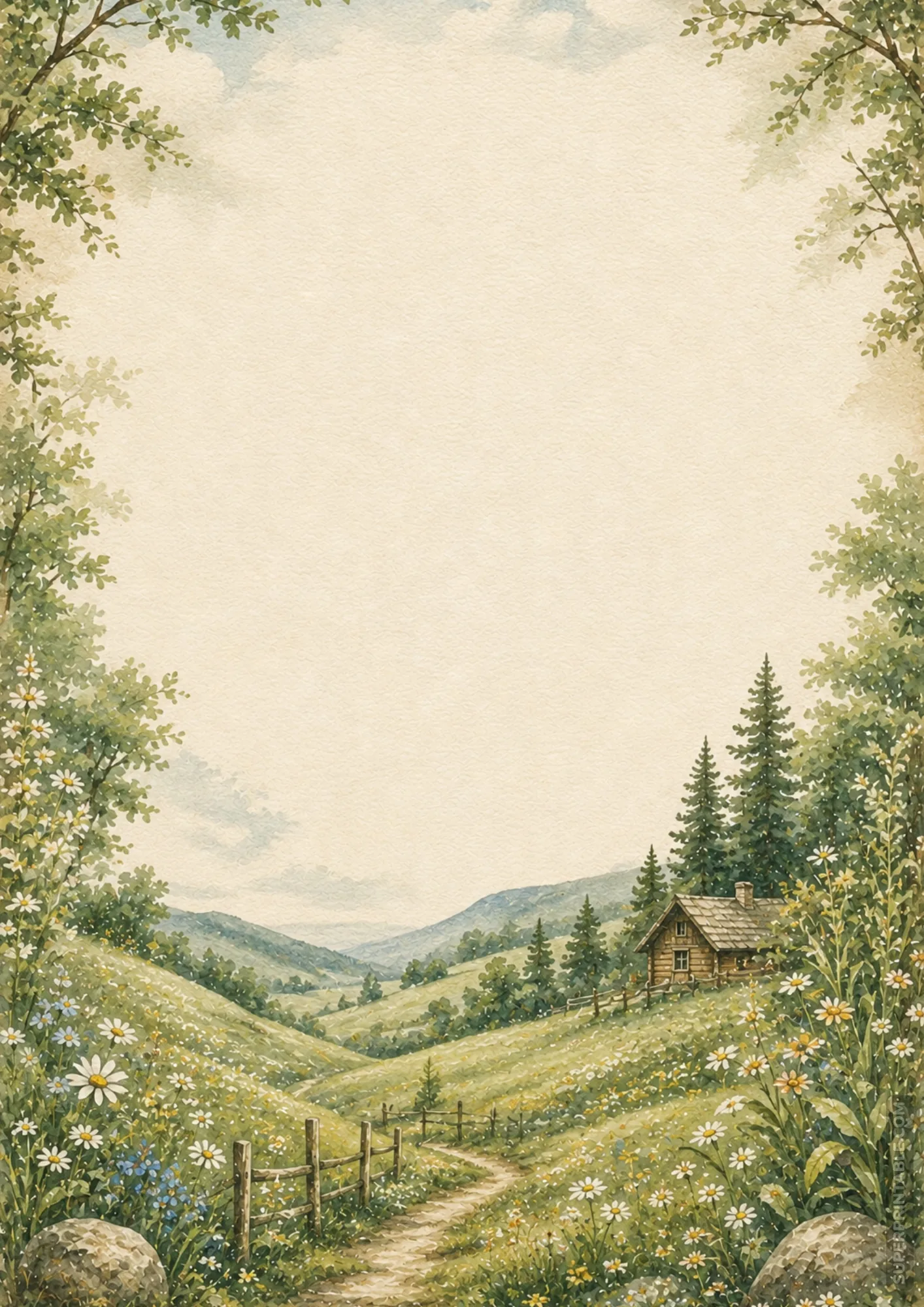 Sunlit meadow page border featuring white daisy fields, wooden fence, and log cabin.