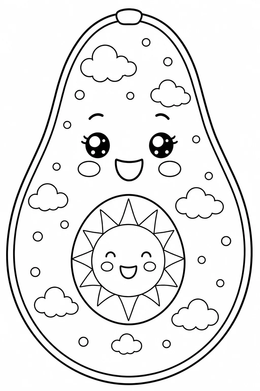 Friendly avocado with a smiling sun pit and fluffy clouds pattern.