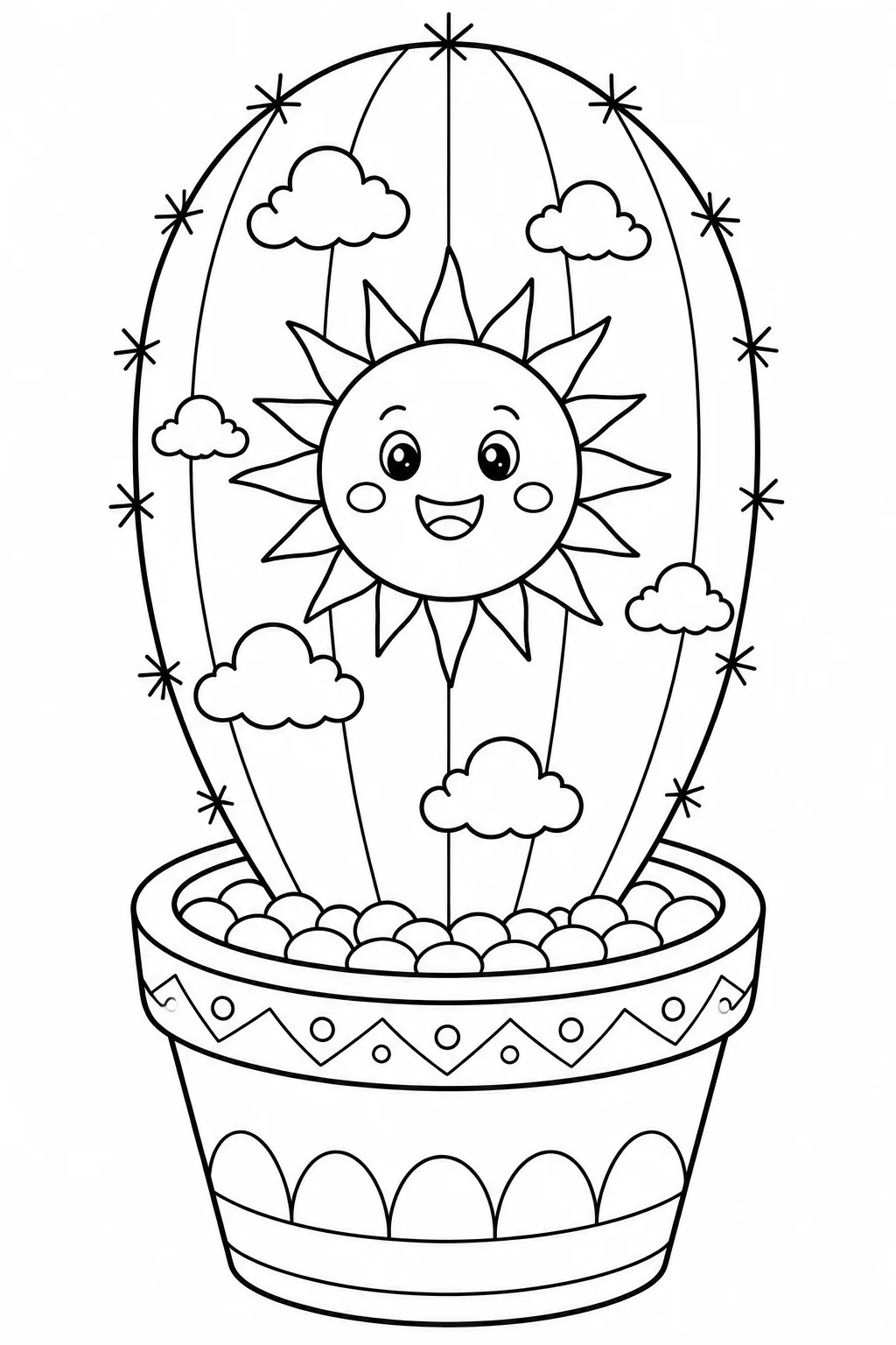 Large smiling sun surrounded by fluffy clouds inside a cactus.