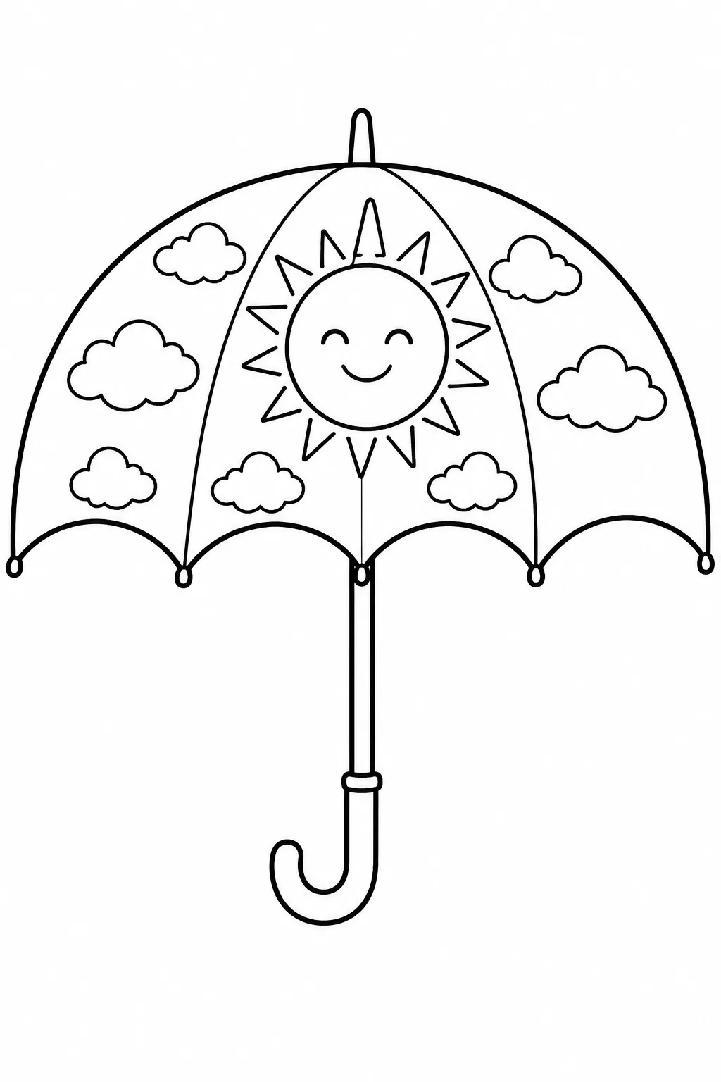 Large smiling sun surrounded by fluffy clouds inside a parasol.