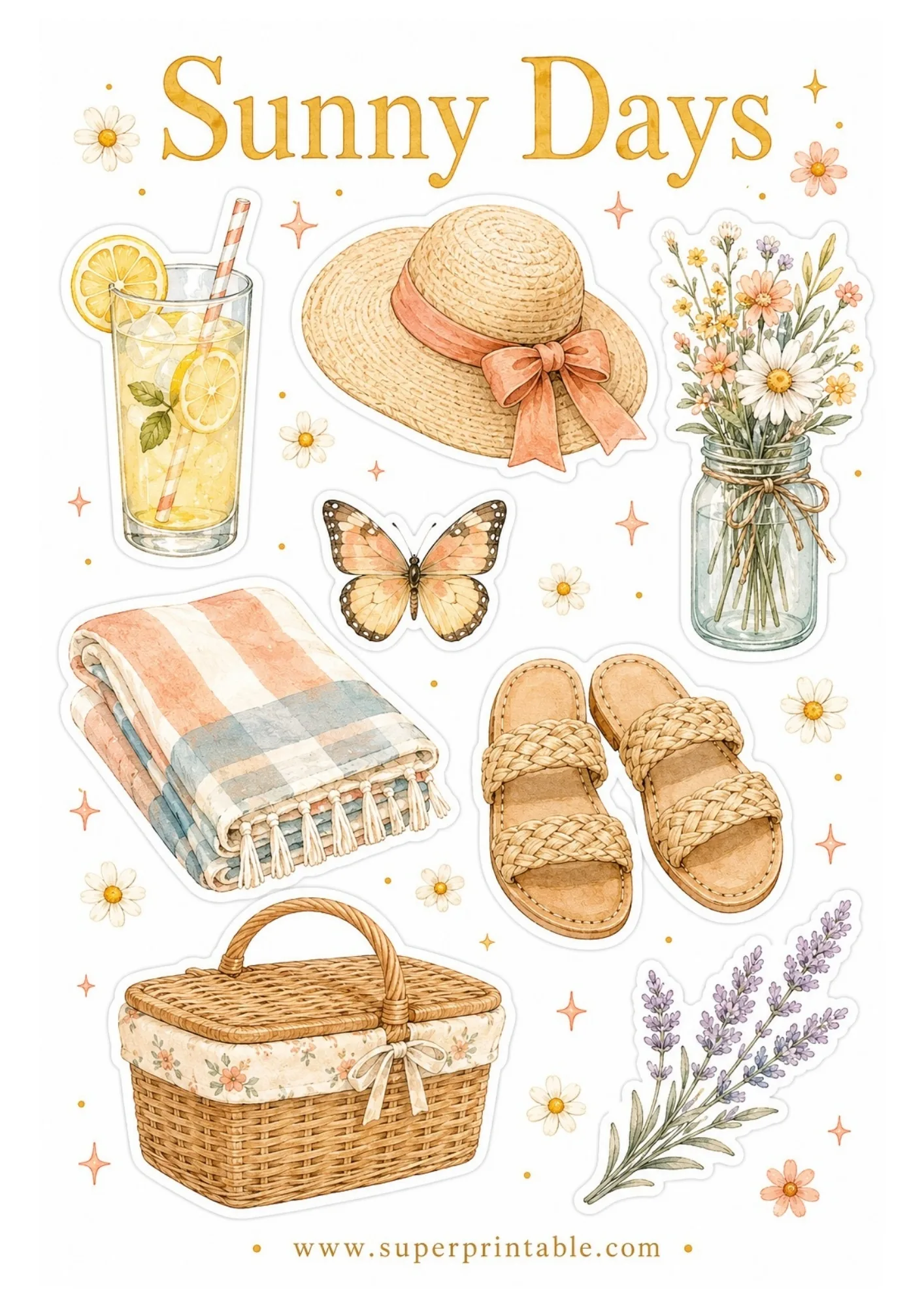 Printable summer sticker sheet with watercolor illustrations of iced lemonade, straw sun hat, daisy jar, butterfly, picnic blanket, sandals, and picnic basket.