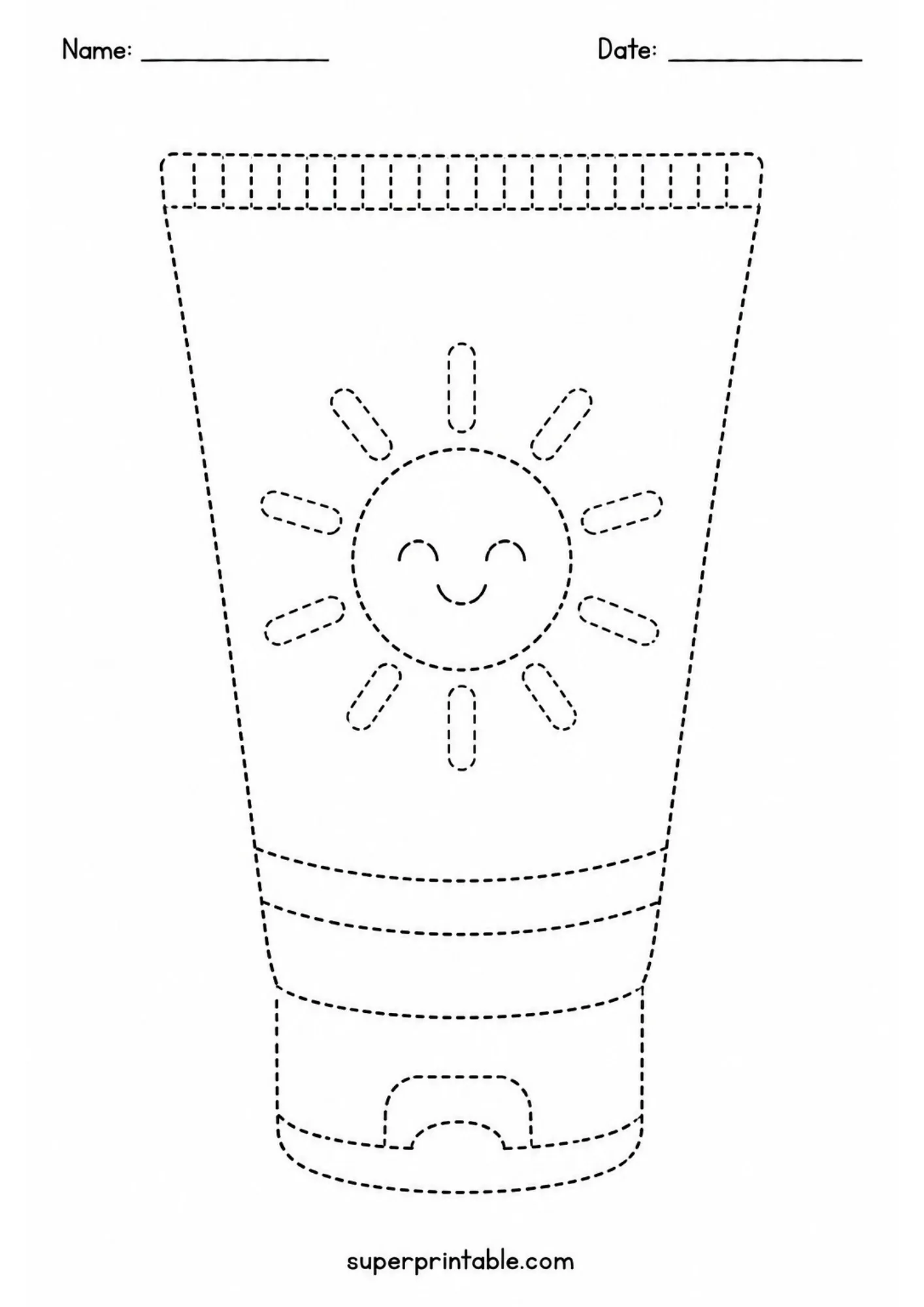 Sunscreen lotion tube tracing page featuring a cheerful smiling sun illustration.