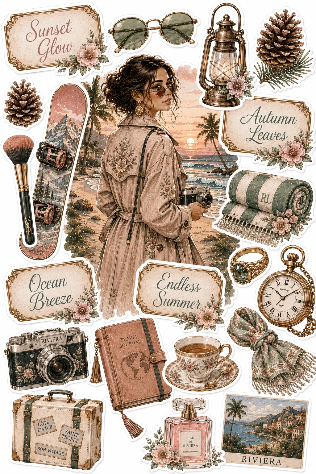 Woman in an embroidered trench coat on a beach at sunset near vintage camera and watch stickers.