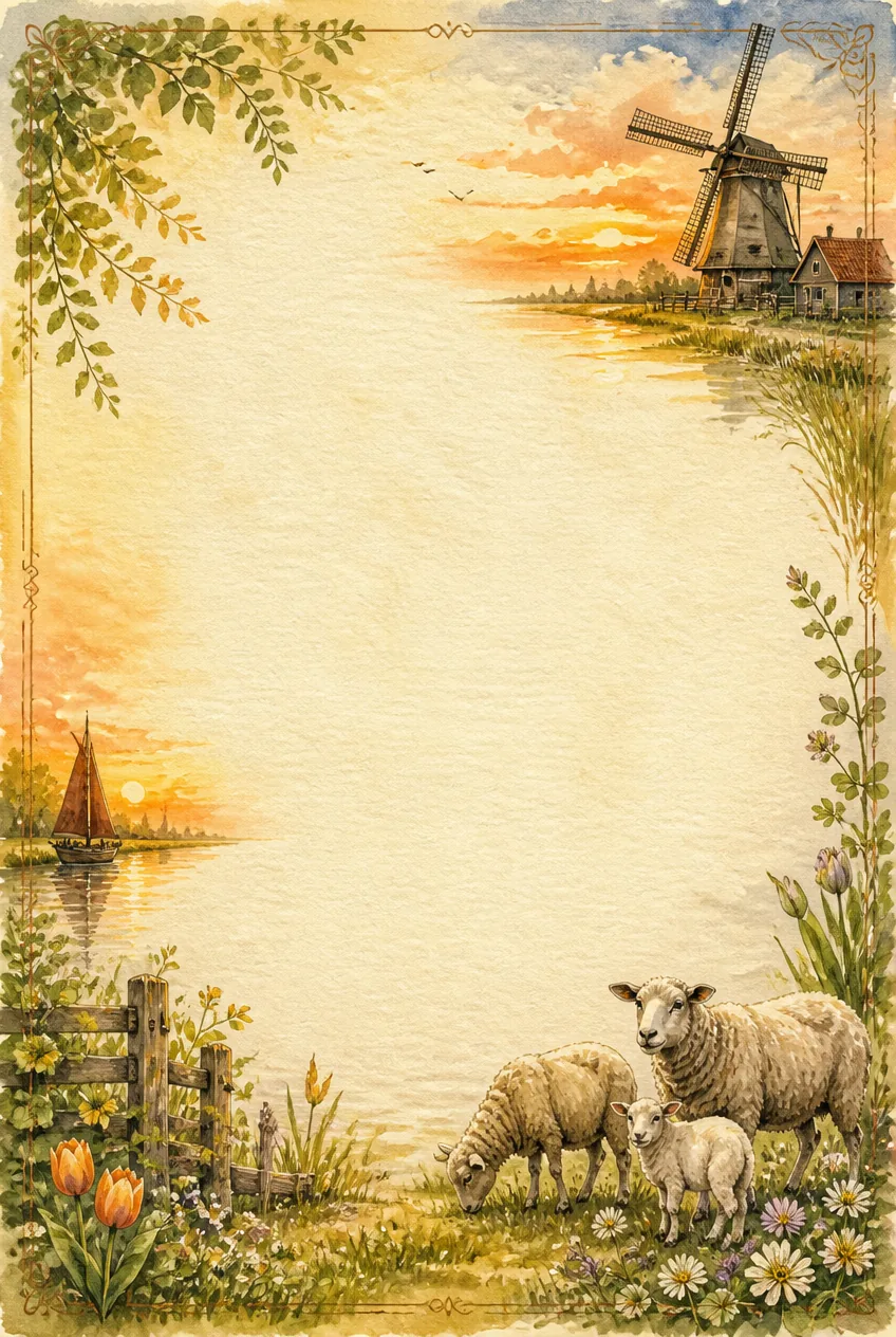 Sunset landscape border with grazing sheep, a sailboat on a canal, and a Dutch windmill.