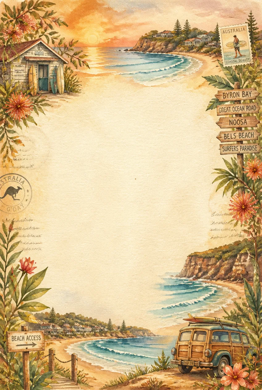 Sunset coastal town buildings and glowing skies watercolor frame around a blank center.