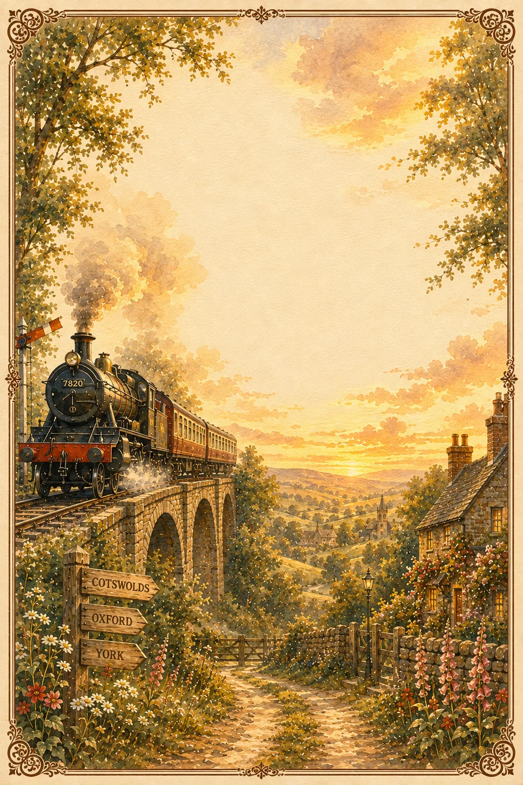 Historic train station illuminated by golden hour sunset in washed watercolor frame.