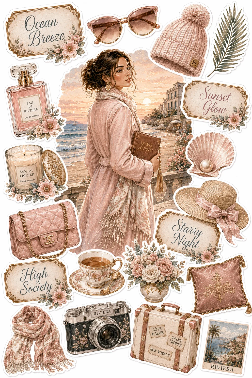 Woman in a pink coat holding a journal on a coastal balcony alongside pearl and handbag stickers.