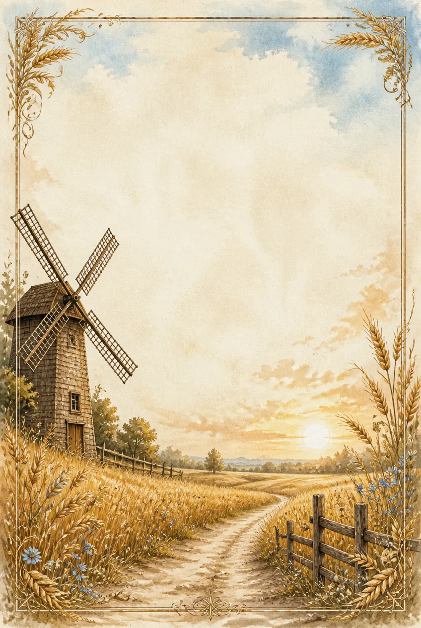 Warm sunset page border showing a wooden smock windmill along a dirt path through wheat fields.