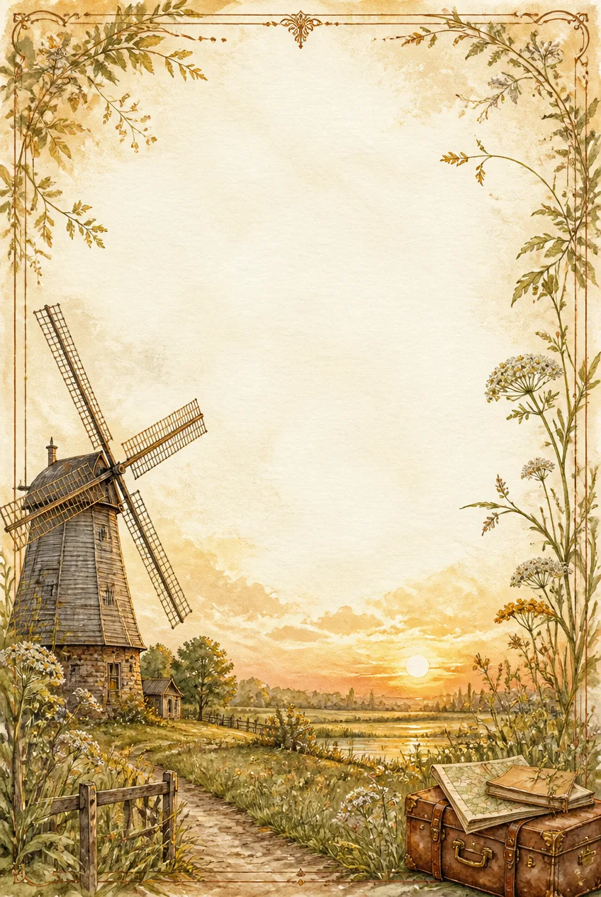 Travel page border featuring a wooden windmill at sunset with a leather suitcase and map.