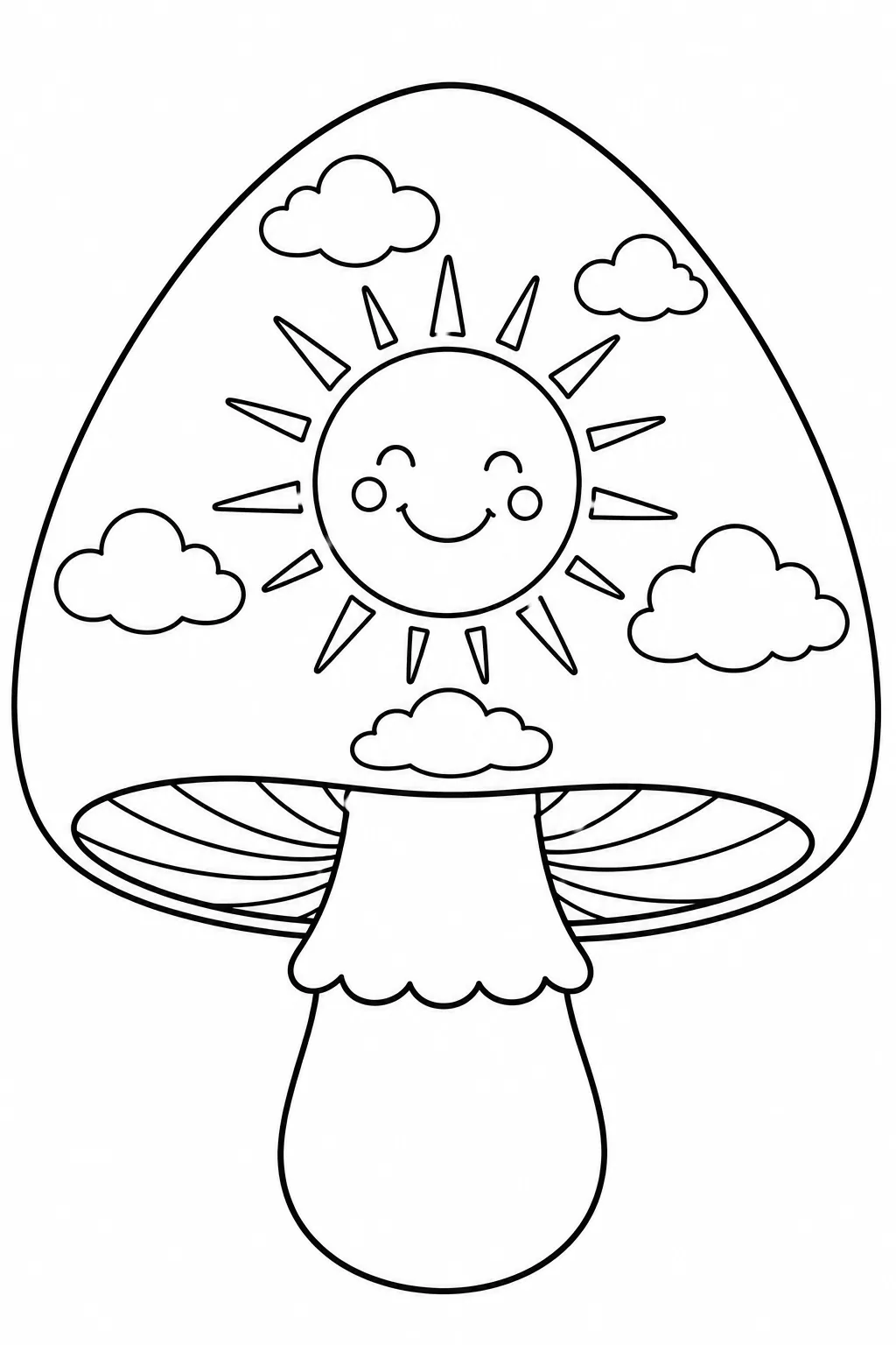 Mushroom cap with smiling sun, clouds, rays, and cheerful decorative shapes