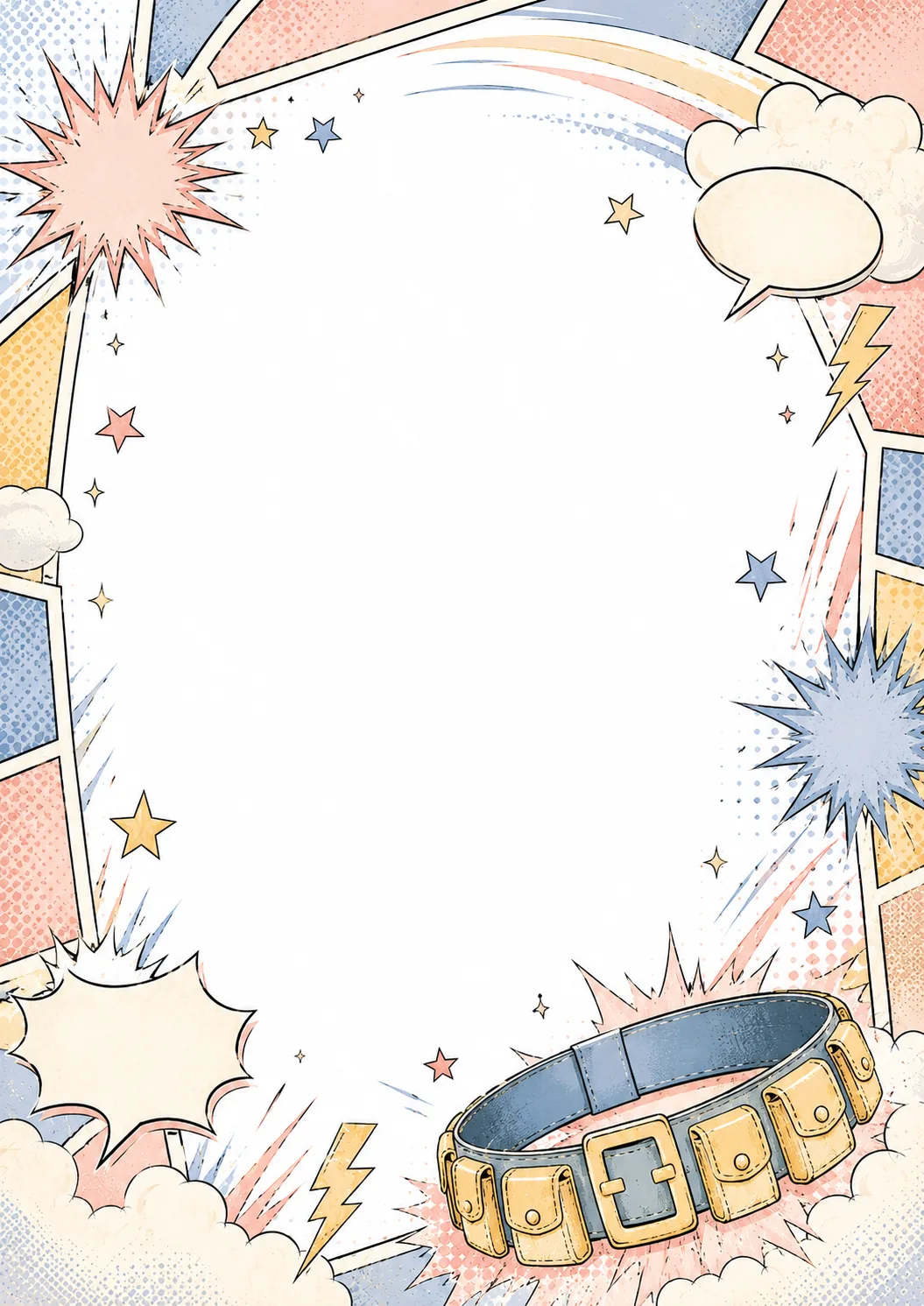 Superhero utility belt border with comic bursts, speech bubble, clouds, stars, and panels