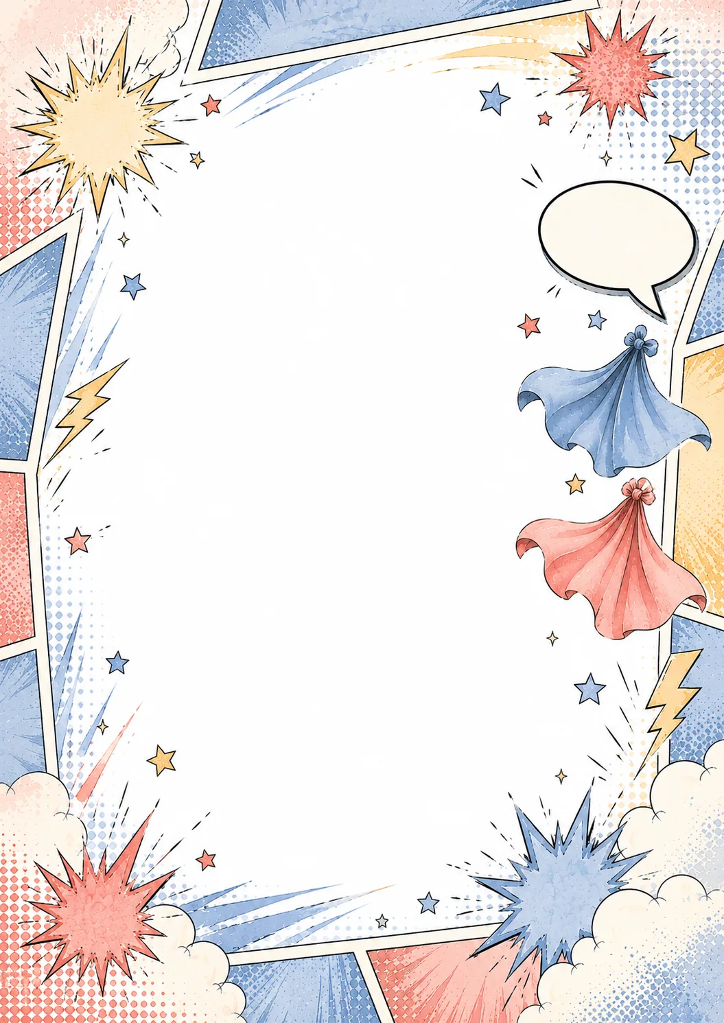 Washed comic border with superhero cape, stars, speech bubble, and colorful action accents