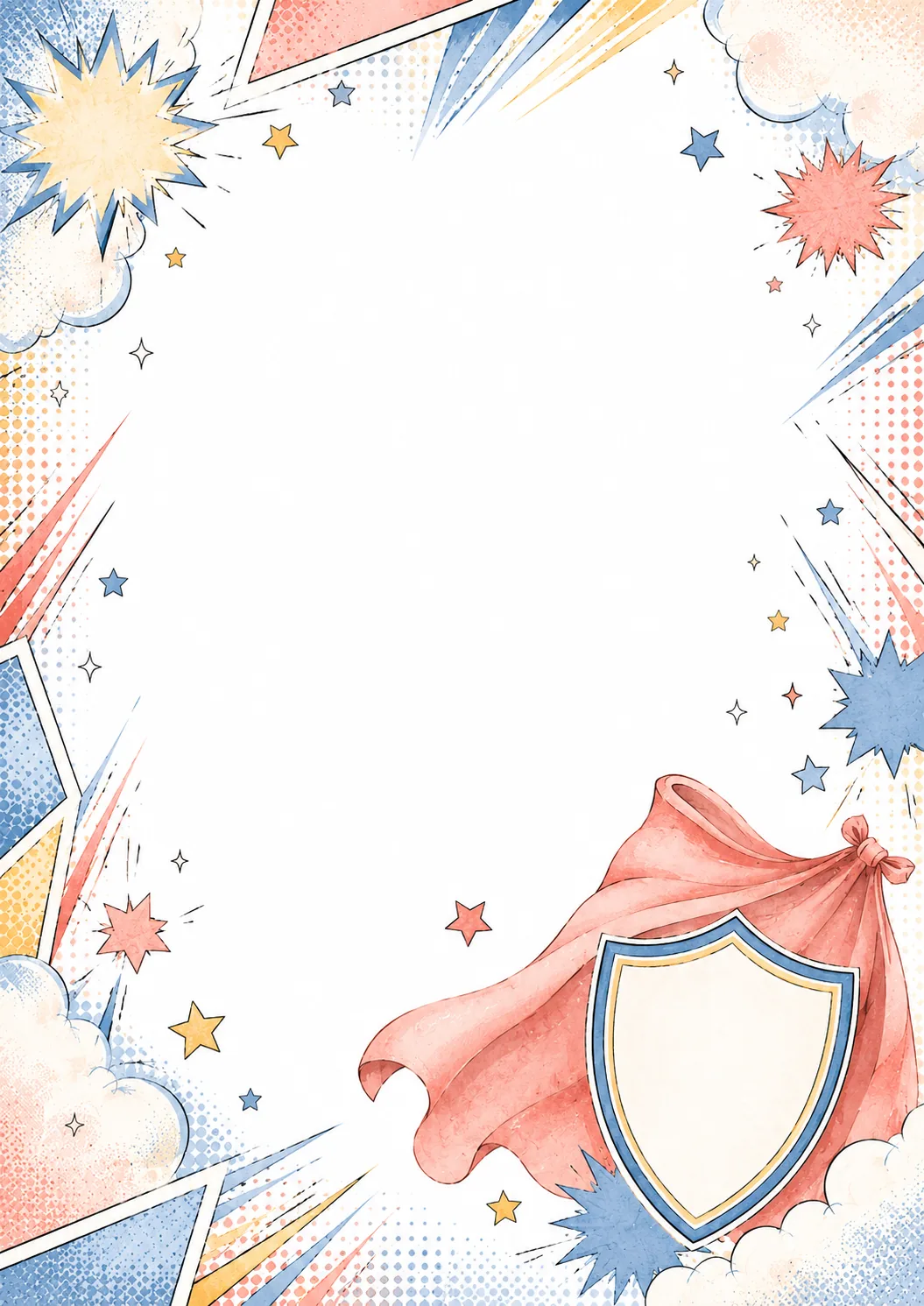 Superhero cape and shield border with comic bursts, stars, clouds, and colorful panels