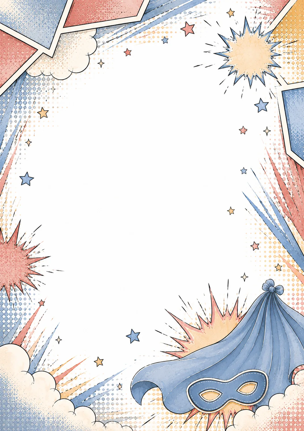 Comic action border with superhero mask, colorful bursts, stars, and open writing space