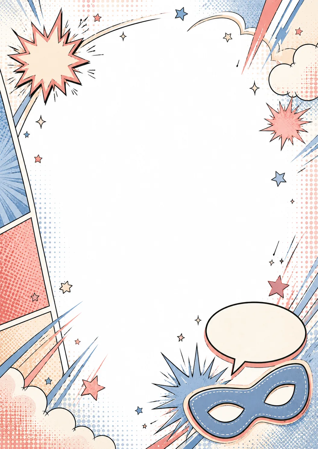 Superhero mask border with speech bubble, colorful comic bursts, clouds, and stars