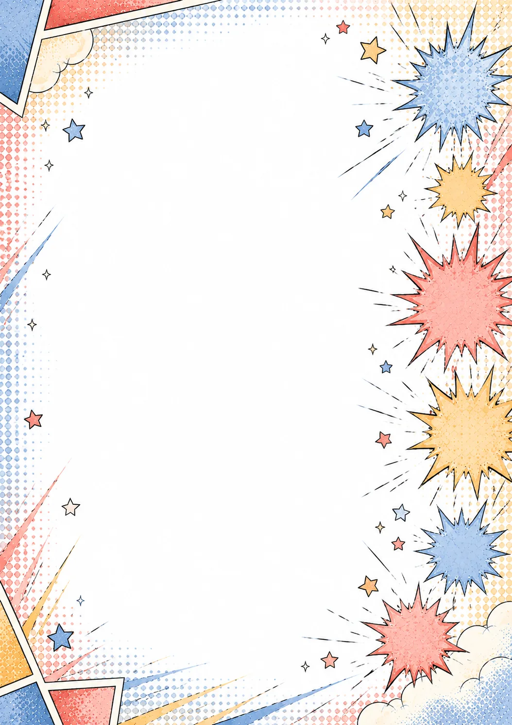Comic frame with superhero shield, flowing cape, clouds, stars, and colorful action bursts