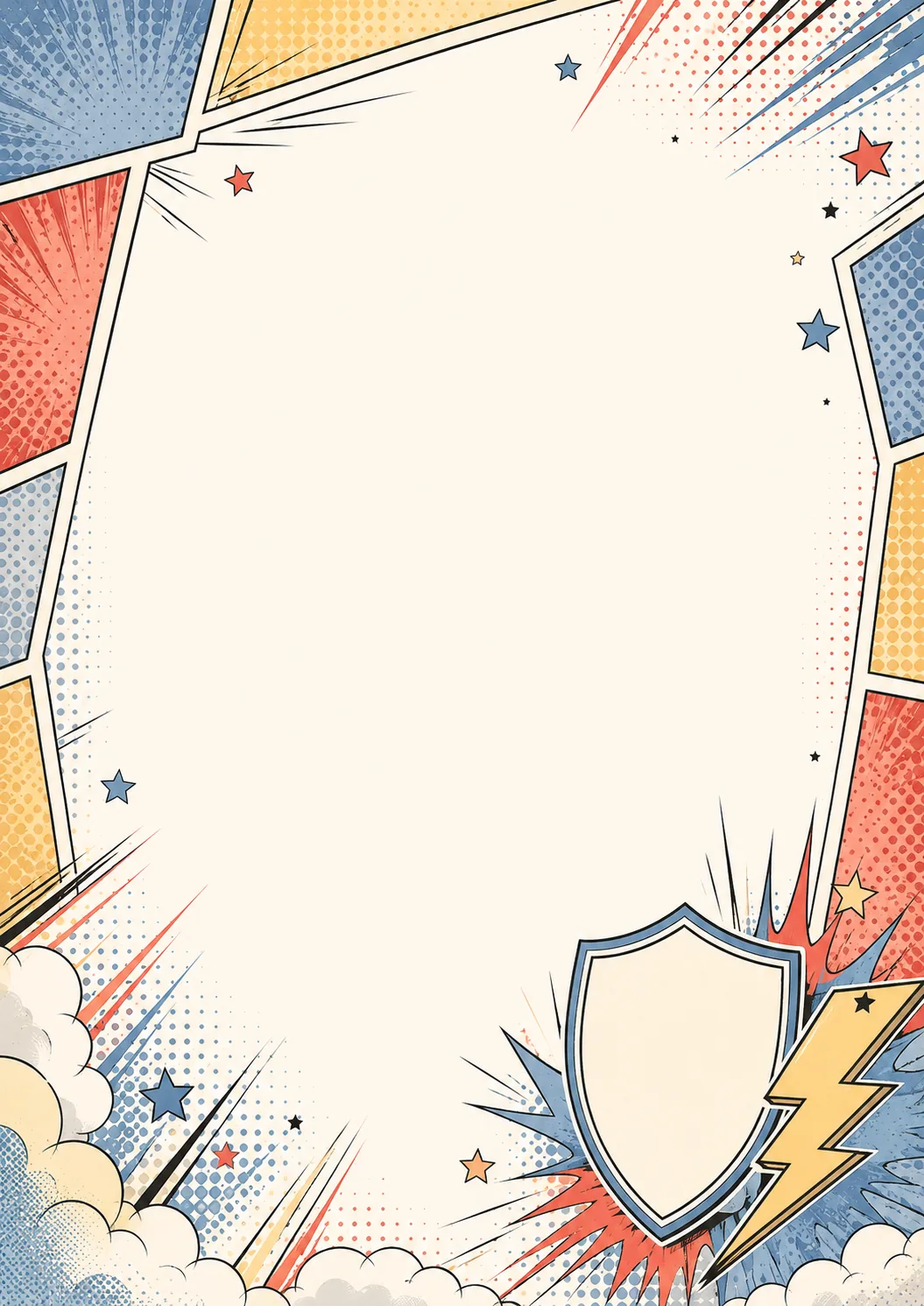 Comic border featuring a superhero shield, lightning bolt, colorful panels, and starbursts