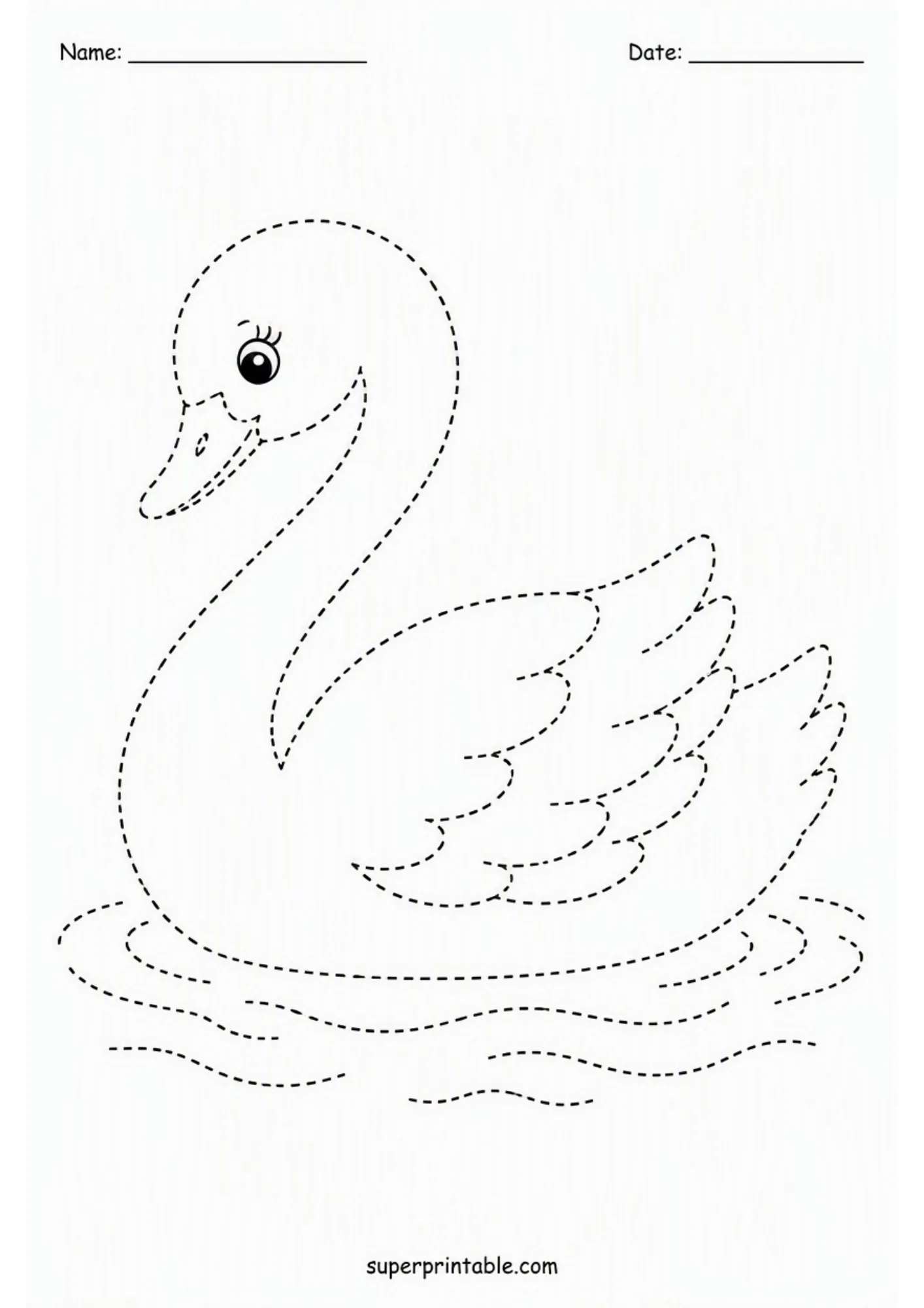 Graceful swan tracing page with a long curved neck, layered wings, and water waves