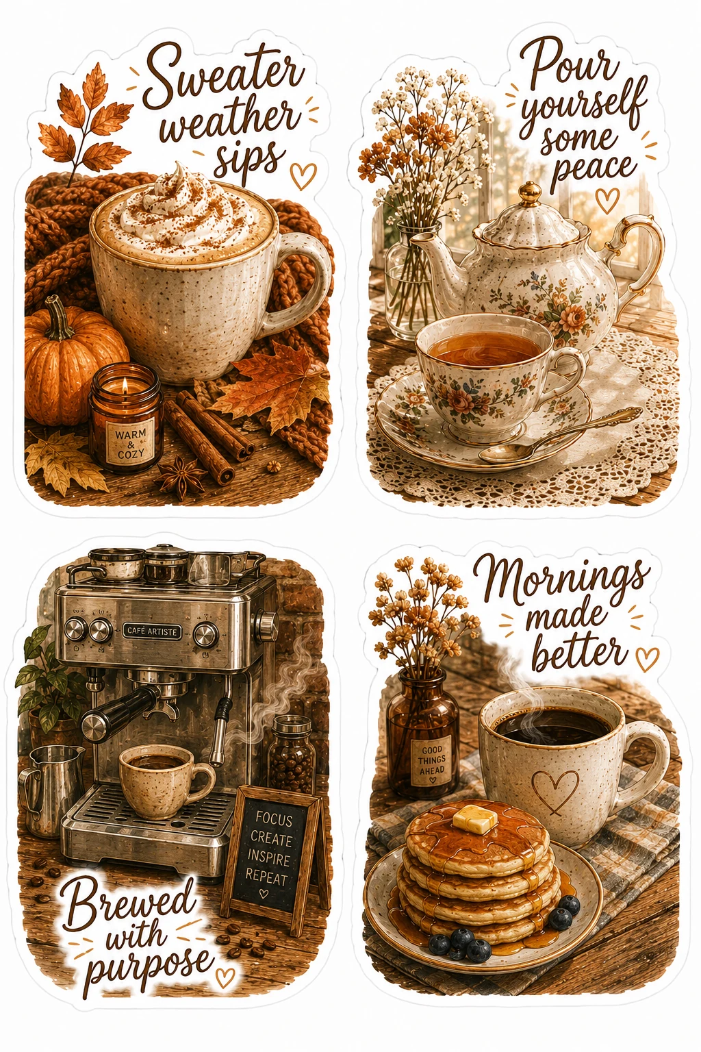 Sweater Weather Sips Pour Peace Pancakes Sheet featuring cozy coffee aesthetic, tea time rituals, espresso drinks, and bakery cafes.