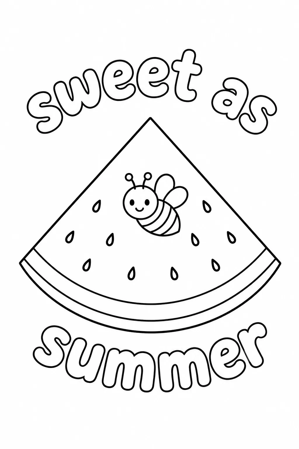 Watermelon coloring page featuring a friendly cartoon bumblebee and sweet summer text.