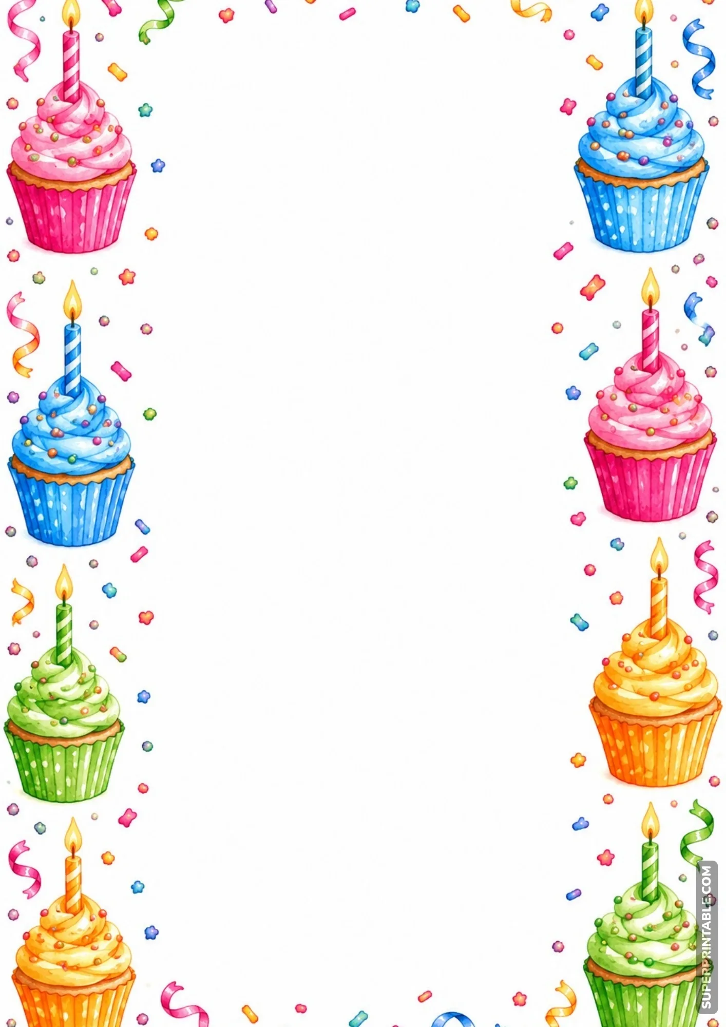 Sweet watercolor border template lined with colorful frosted birthday cupcakes with candles.