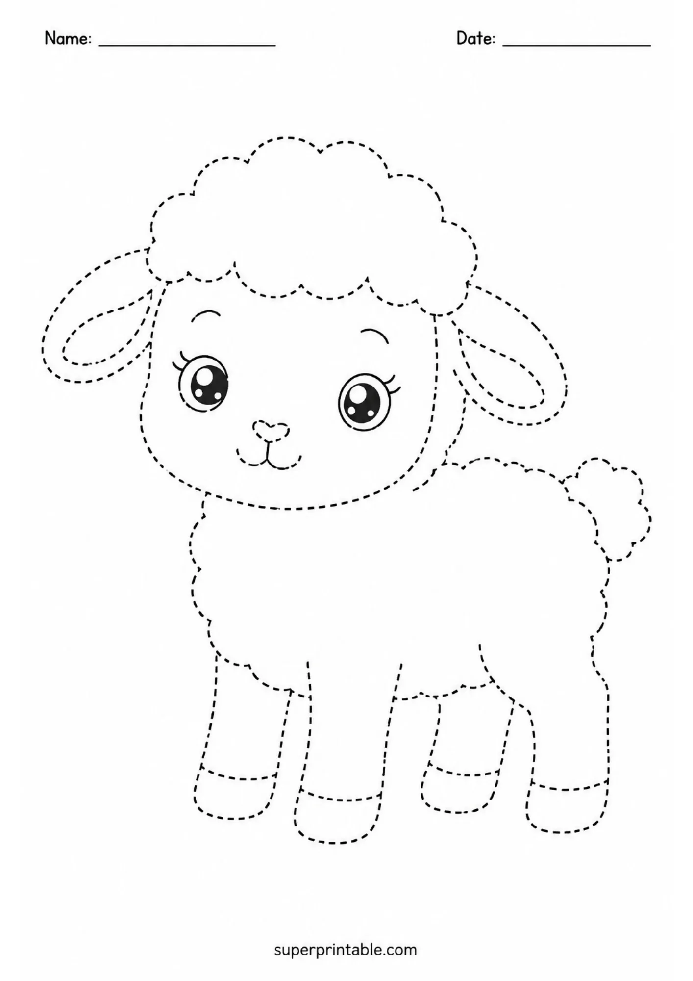 Fluffy little lamb standing on white background dashed line tracing worksheet.