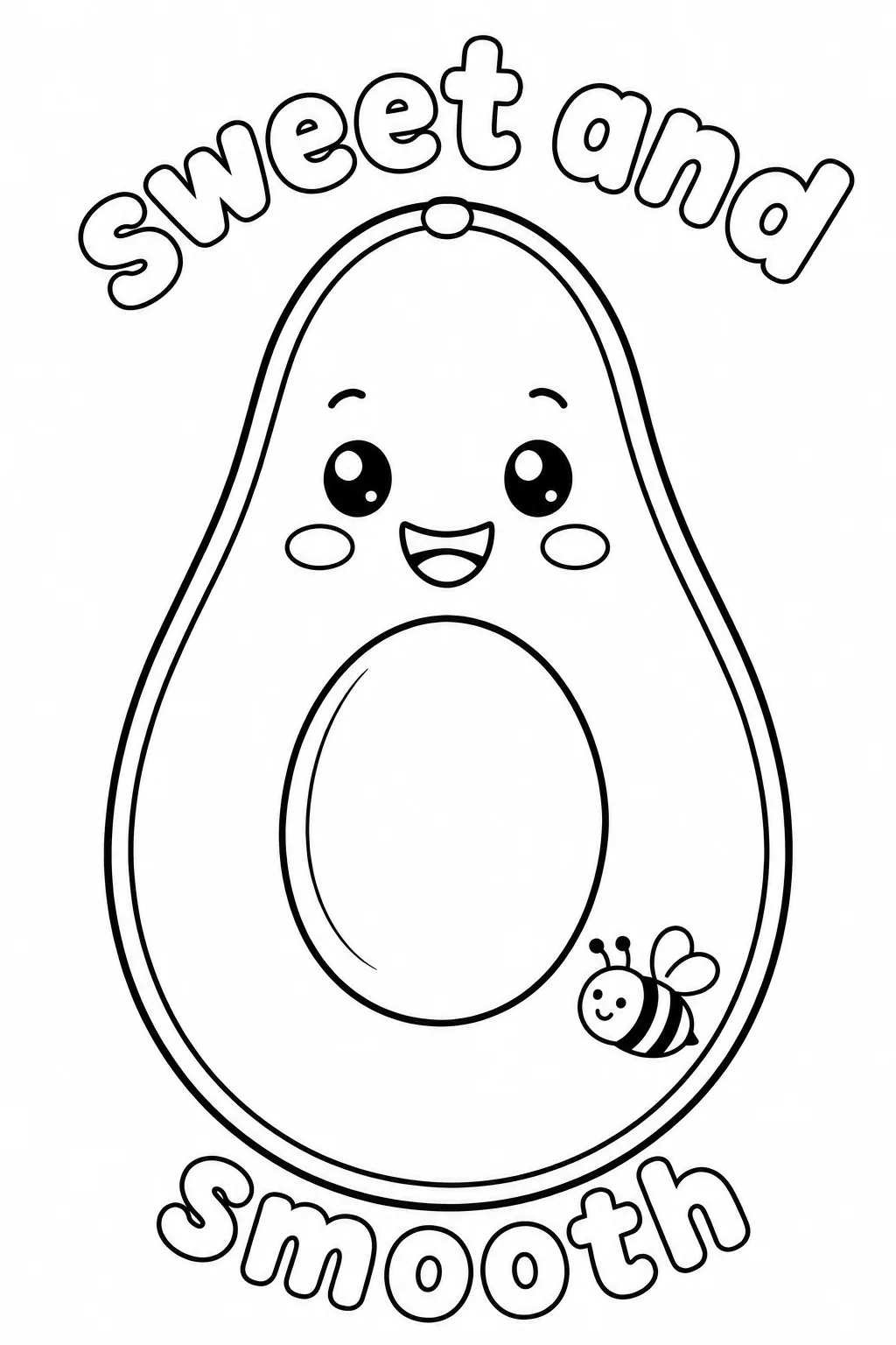 Smiling avocado character with a tiny bee and sweet and smooth.