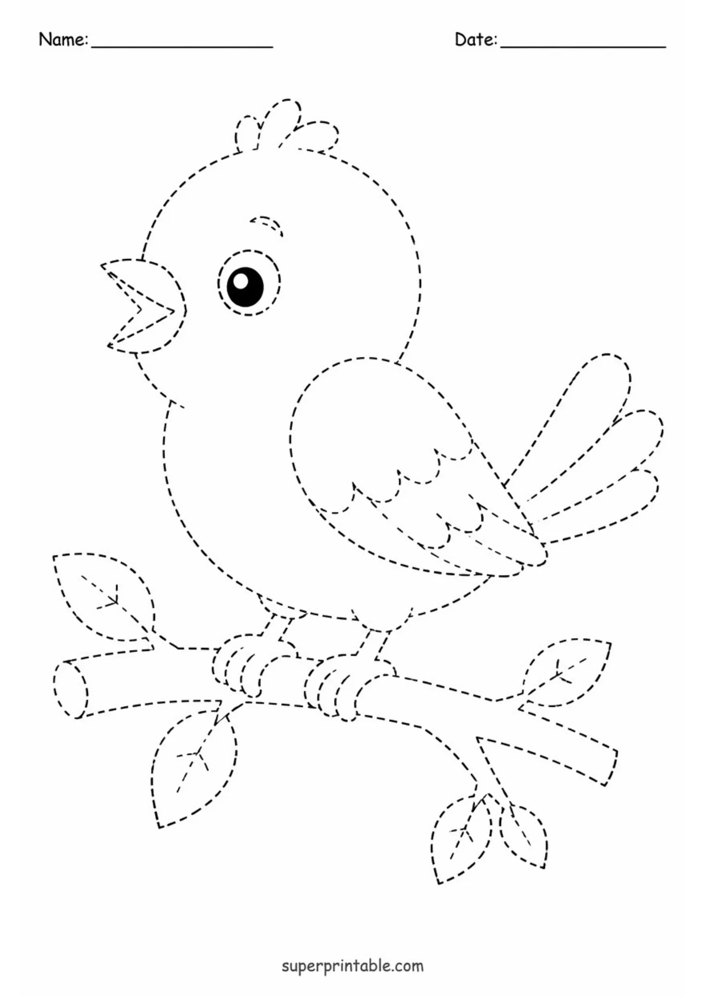Chirping songbird perched on a leafy branch dashed line tracing printable worksheet.
