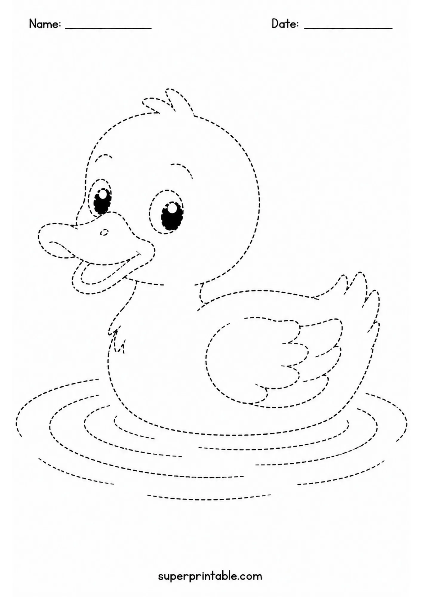 Kid friendly pond life activity worksheets hero page with a swimming duckling.