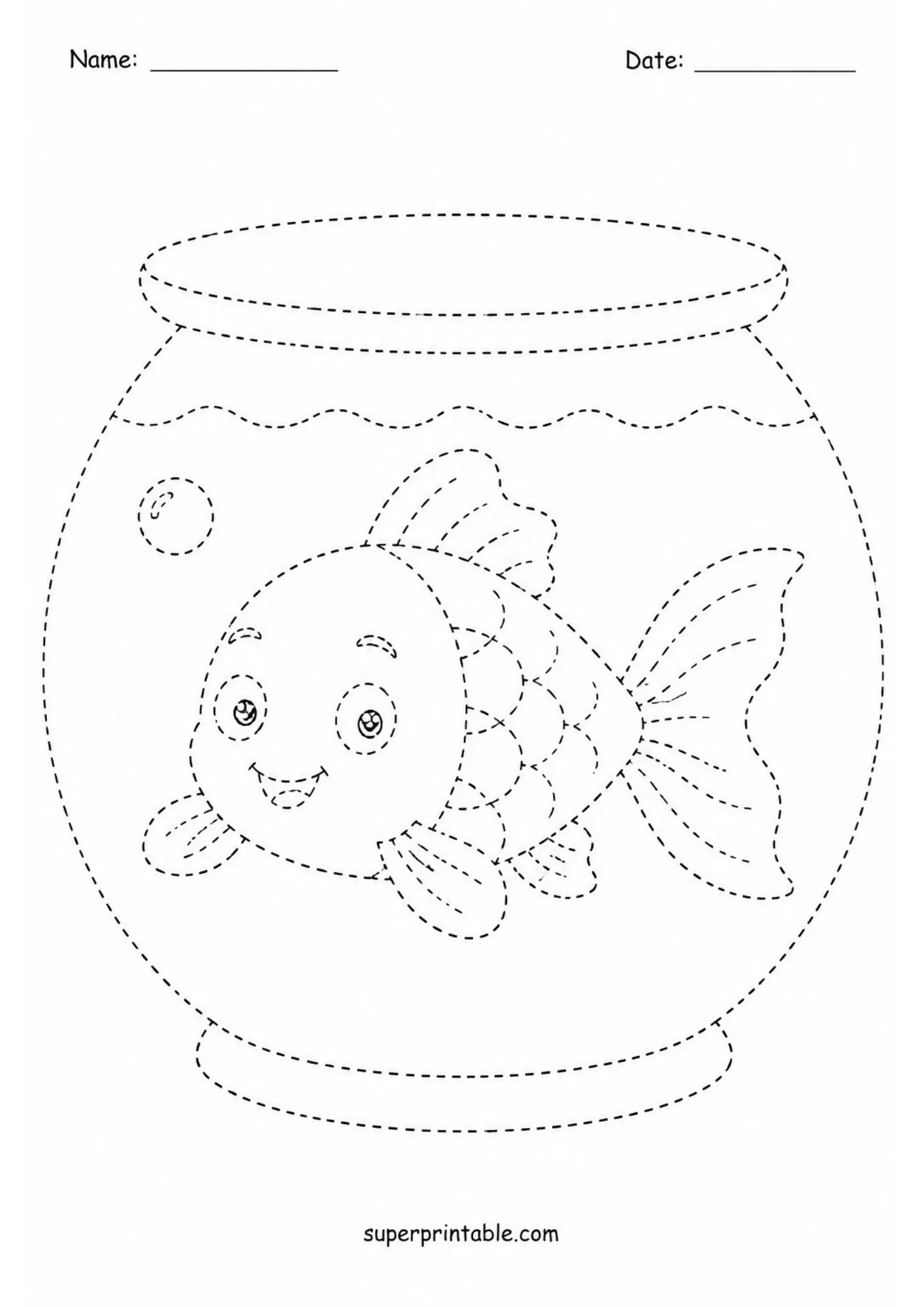 Cute pet goldfish swimming inside a glass fishbowl dashed line tracing page.