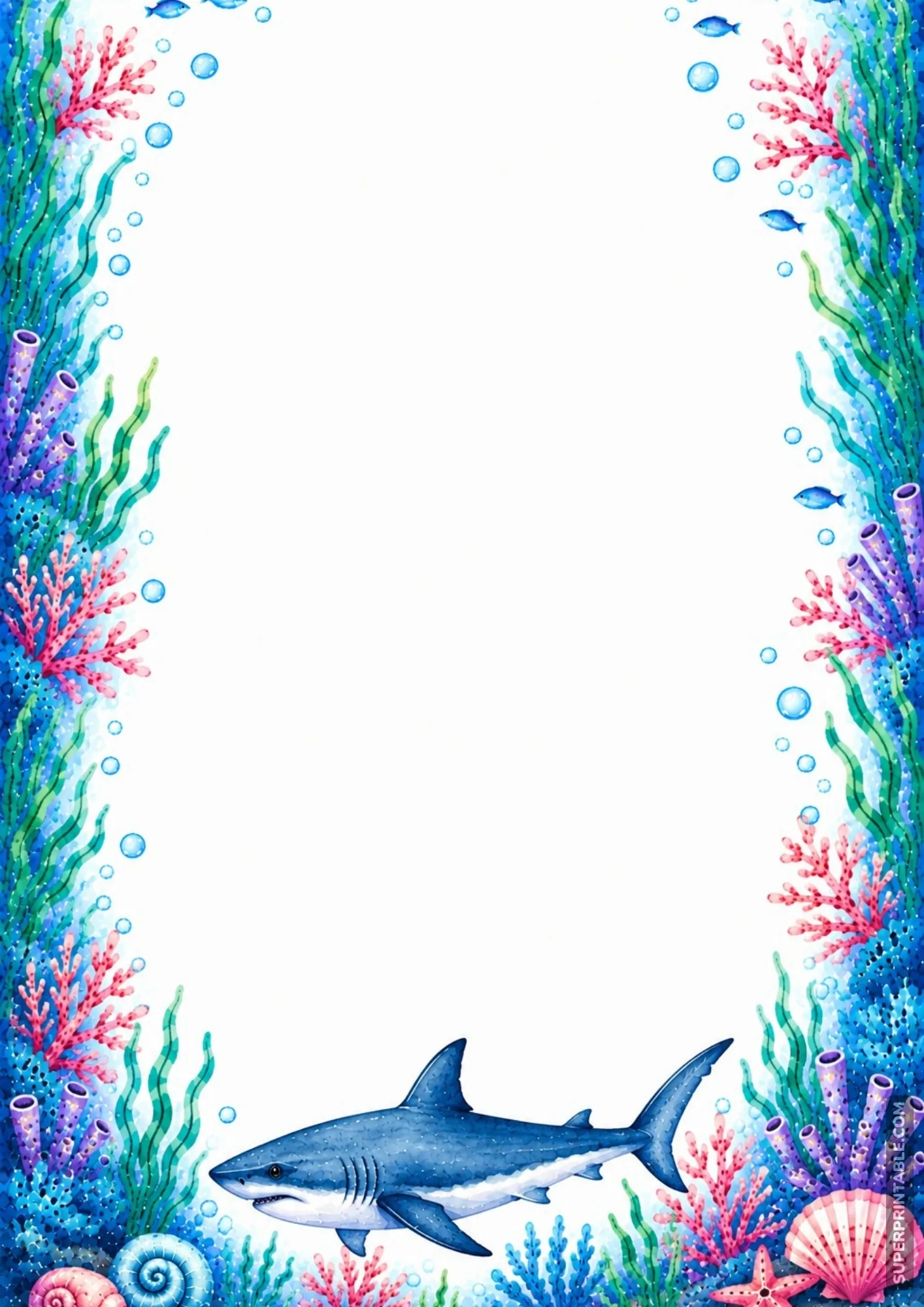 Blue shark swimming at the bottom of a detailed watercolor ocean reef border.