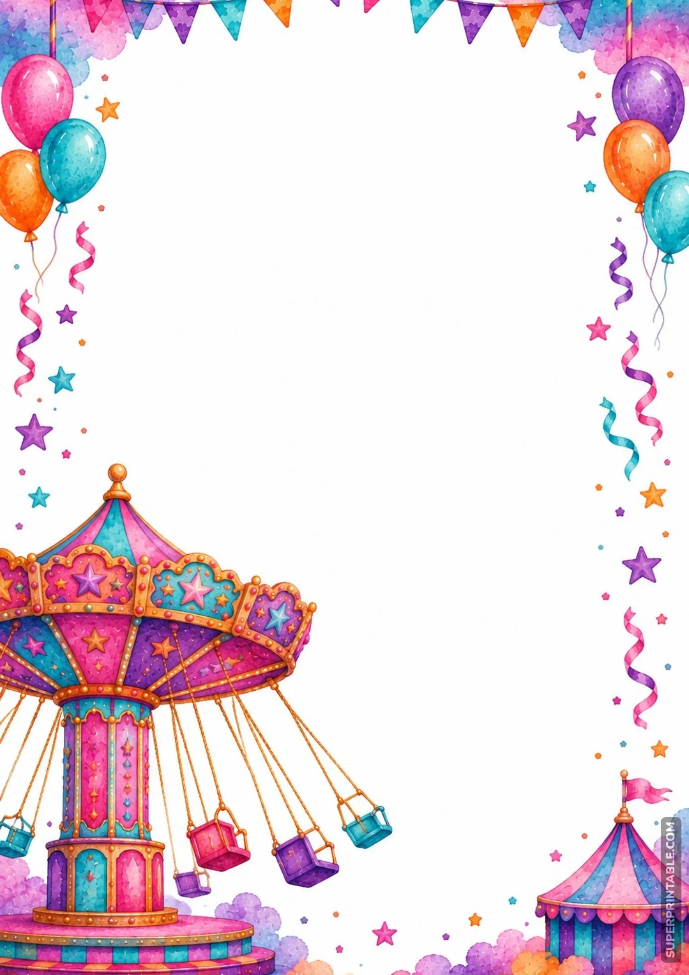 Whimsical carnival stationery border with a colorful hanging swing carousel ride.
