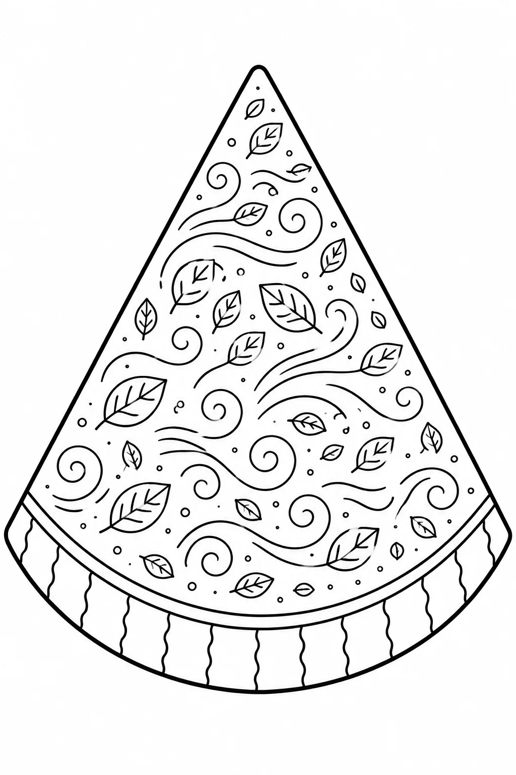 Wind swirls and fluttering leaves inside a tall watermelon slice line art coloring page.