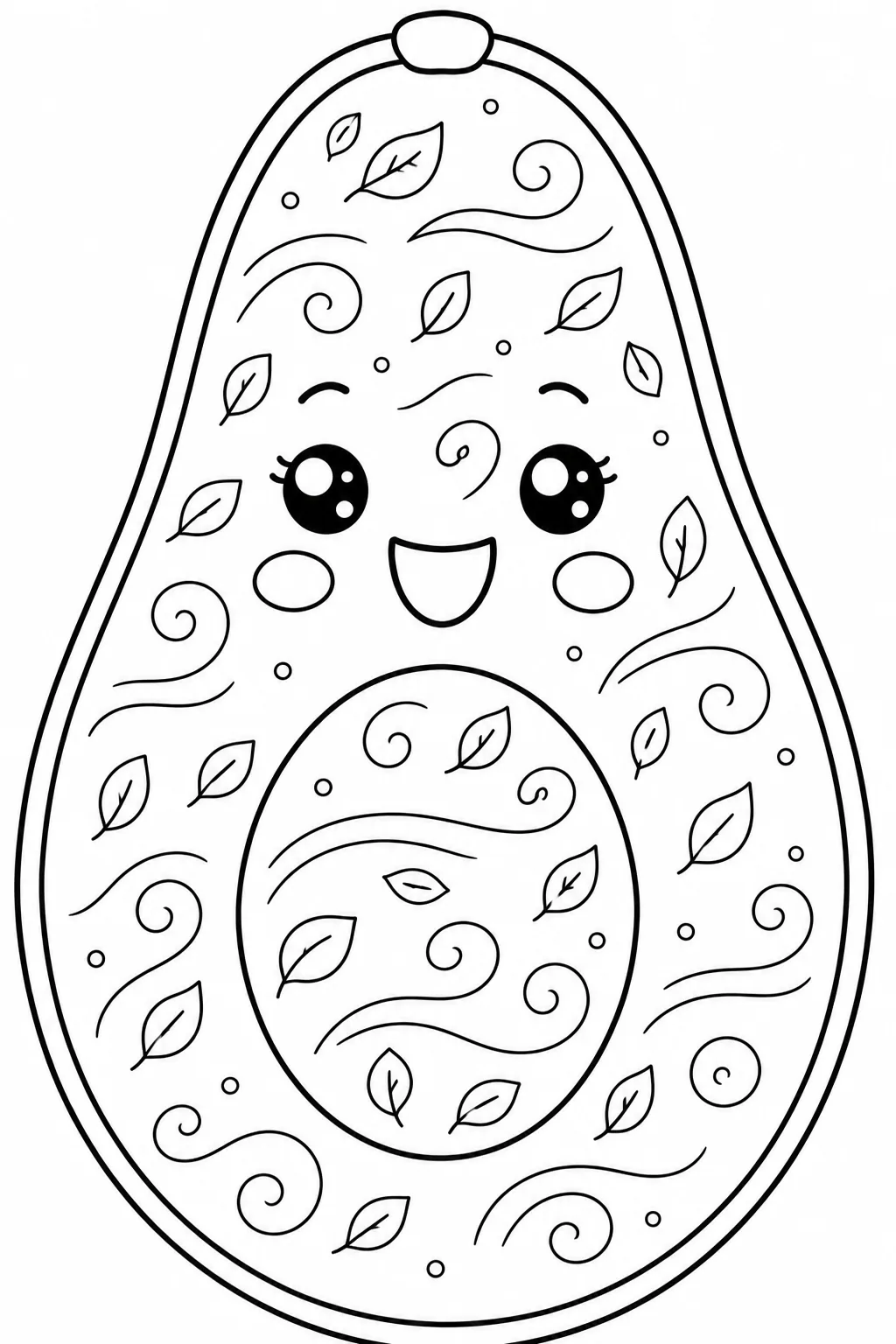 Friendly avocado character patterned with elegant swirls and leaves.