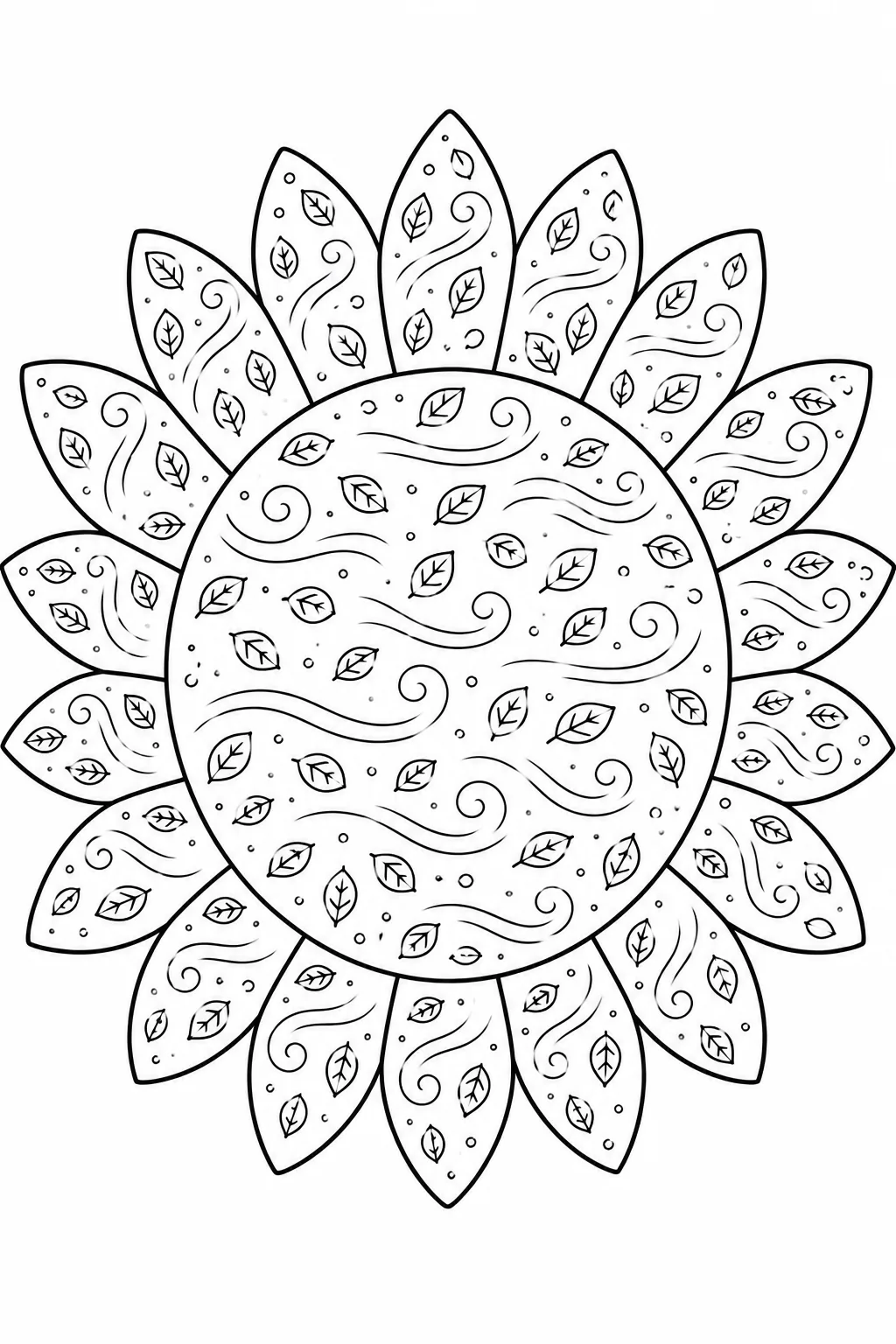 Flowing wind swirls and floating leaf motifs inside a sunflower outline coloring sheet.
