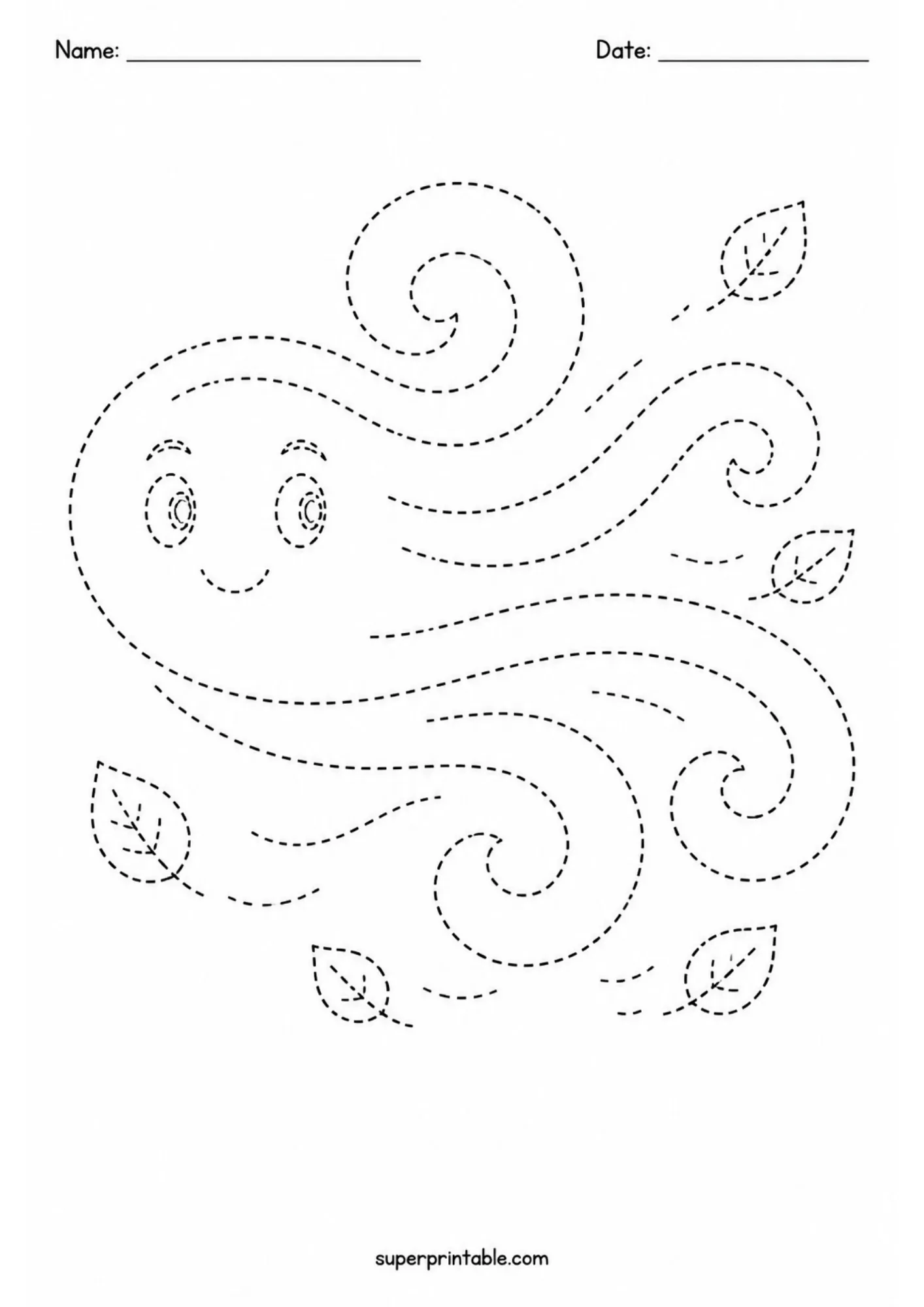 Black and white tracing worksheet of a smiling wind swirl blowing gusty dashed loops and flying leaves.