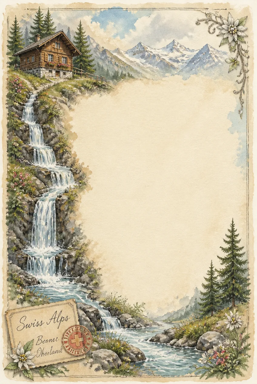 Swiss Alps watercolor border with mountain chalet, cascading waterfall, and edelweiss.