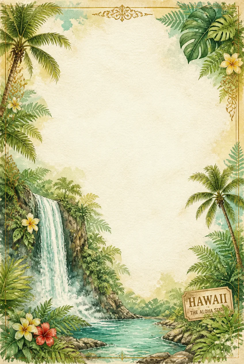Watercolor frame of a Swiss alpine waterfall decorated with white edelweiss flowers.