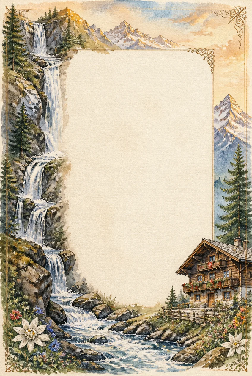Alpine watercolor stationery border with Swiss mountain stream, chalet, and snow peaks.