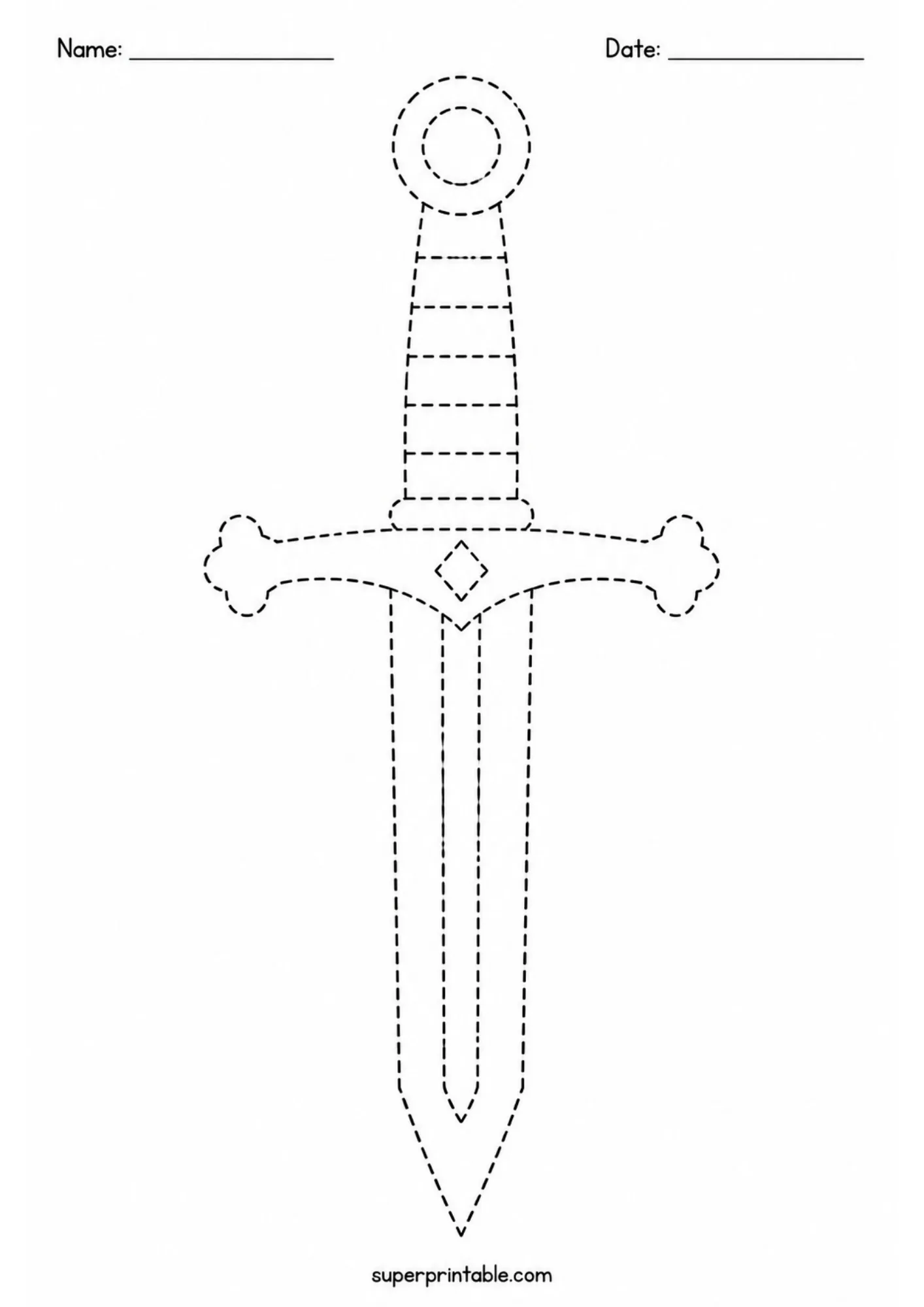 Dotted line drawing of a medieval sword with a detailed handle.