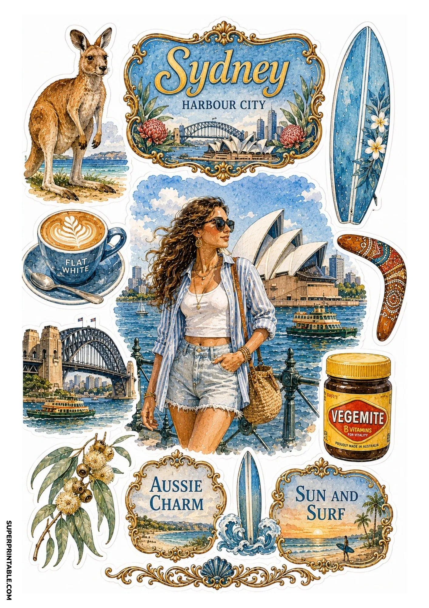 Printable Sydney surf sticker sheet showing Bondi Beach waves and eucalyptus leaves
