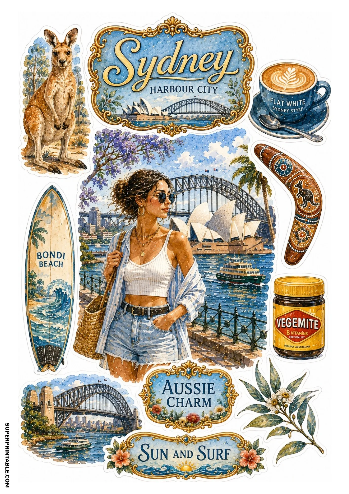 Sydney Australia sticker sheet featuring Opera House, Harbour Bridge, and kangaroo