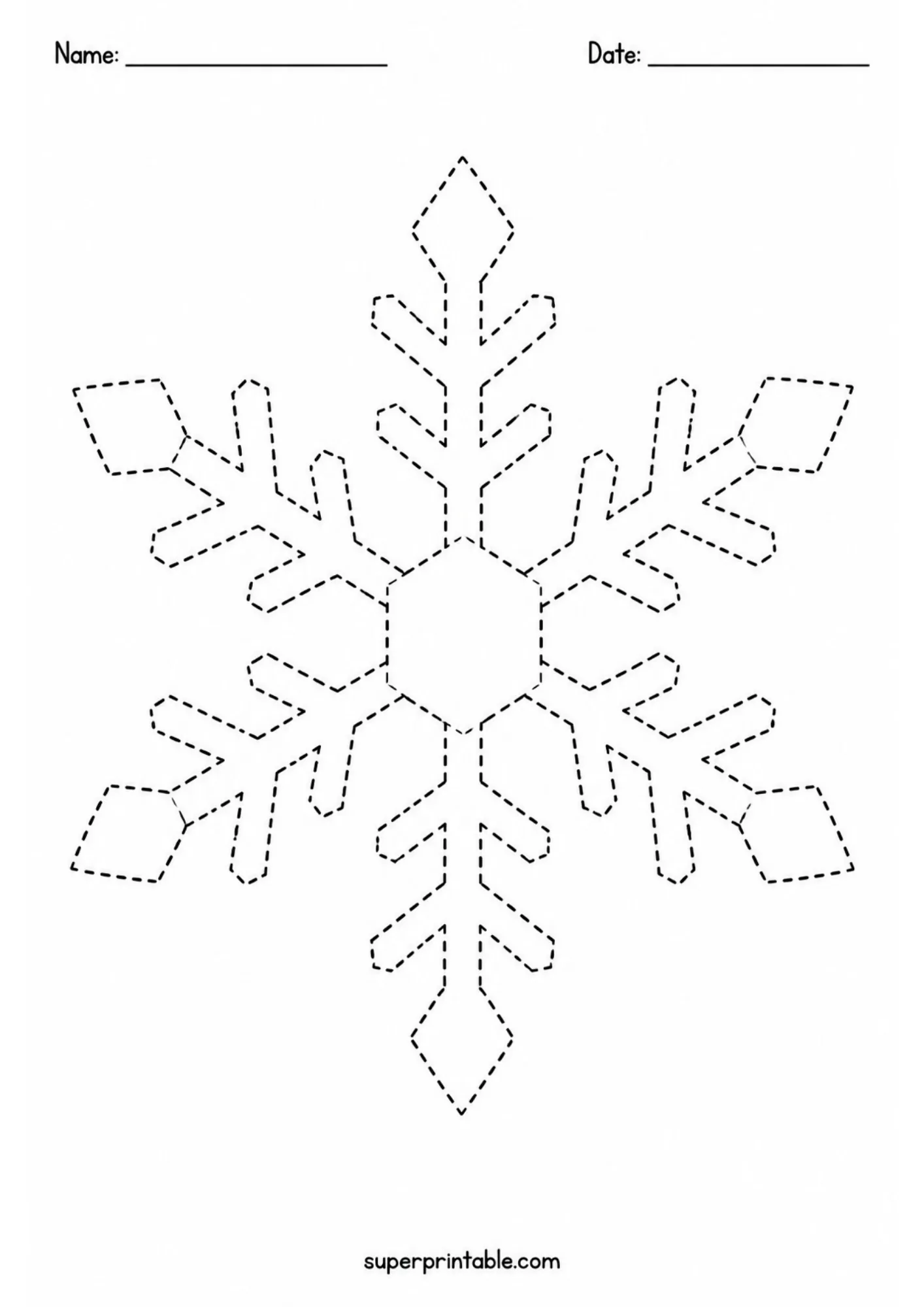 Symmetrical black and white snowflake tracing worksheet with dashed diagonal lines and geometric branch details.