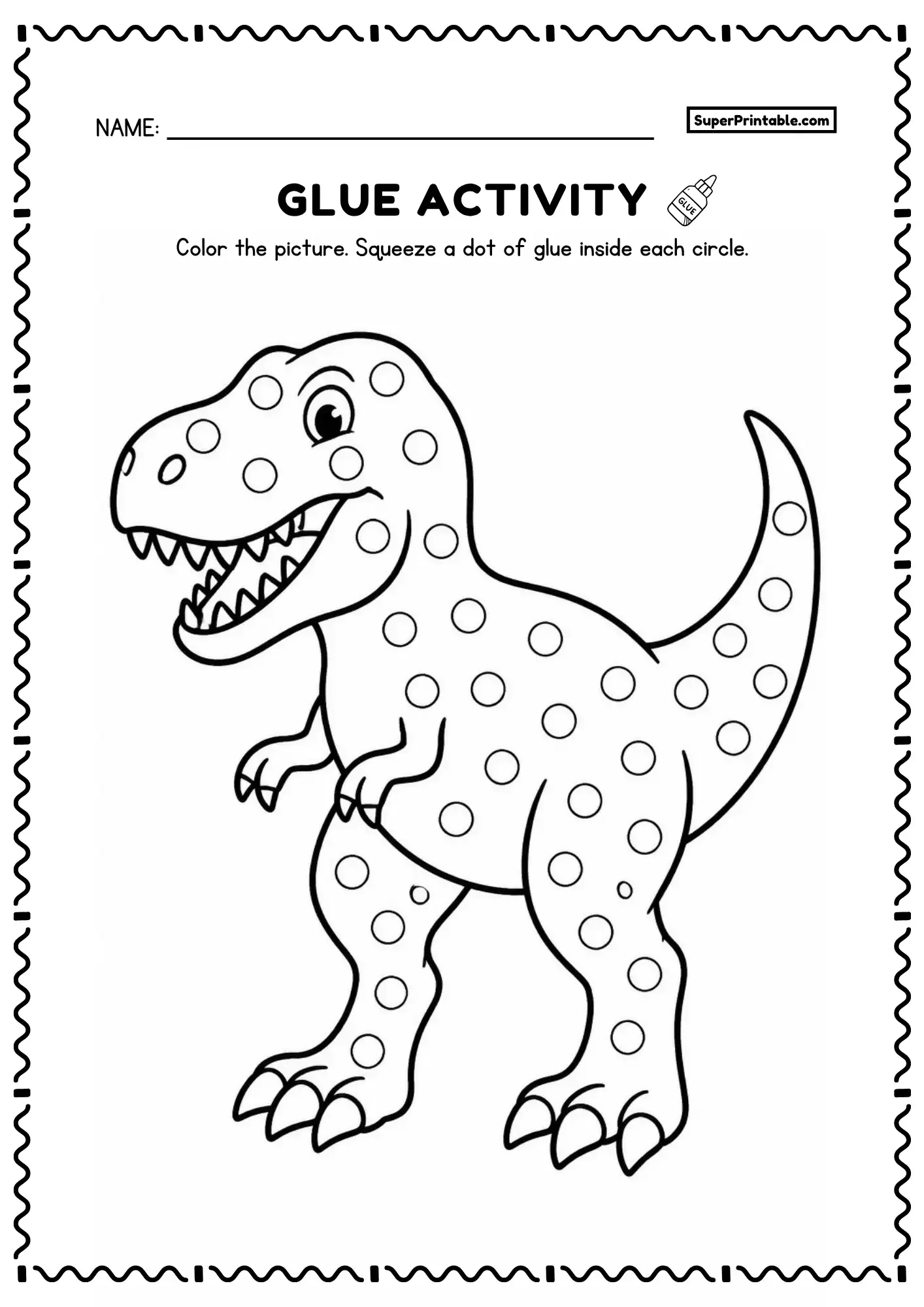 Cartoon T-Rex glue activity page with circles on its head, body, legs, and tail